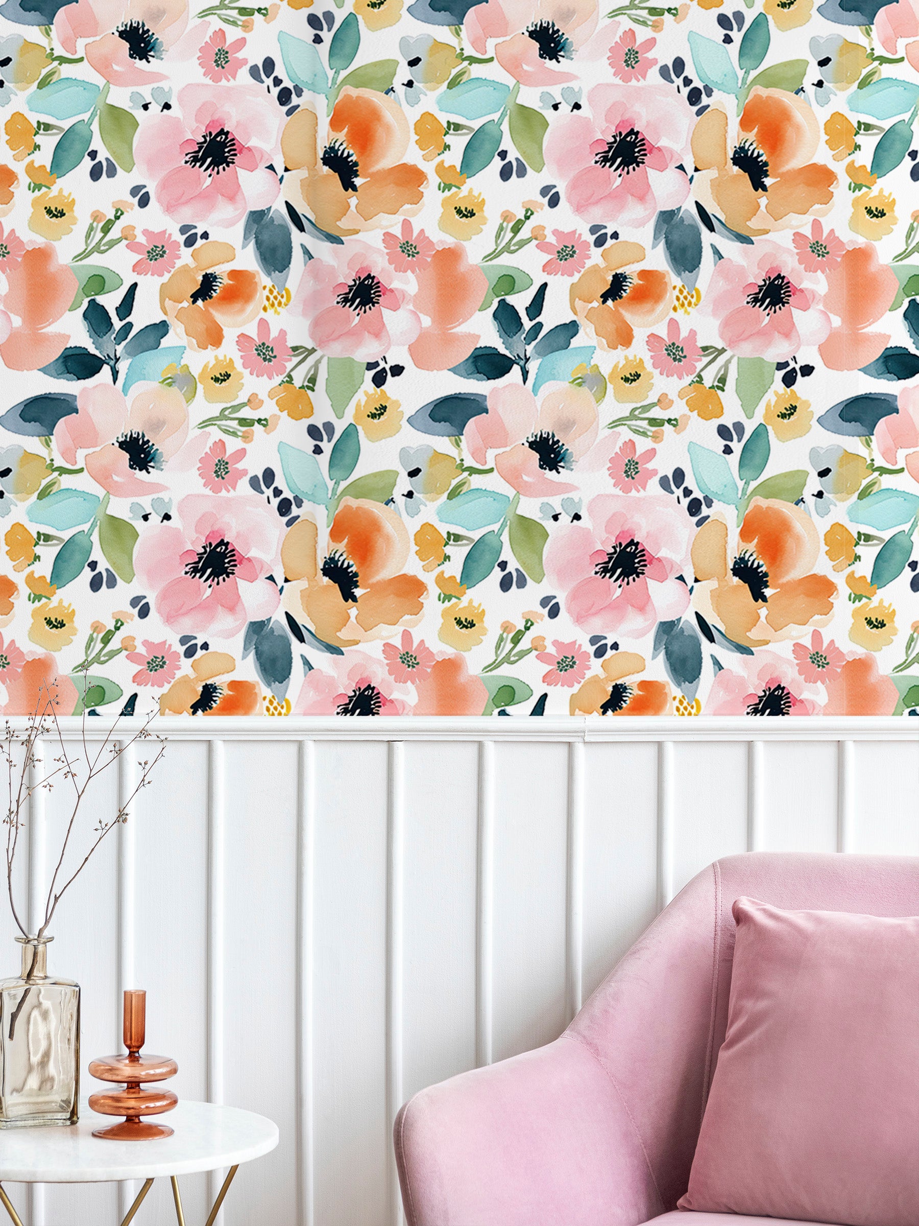 HaokHome Wallpaper Peel and Stick Floral Pink/Orange/Blue Watercolor Wall Decor Living Room Removable Mural