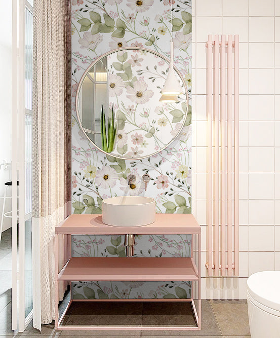 HaokHome Wallpaper Peel and Stick Floral Pink/White/Green Watercolor Wall Decor Bedroom Removable Mural