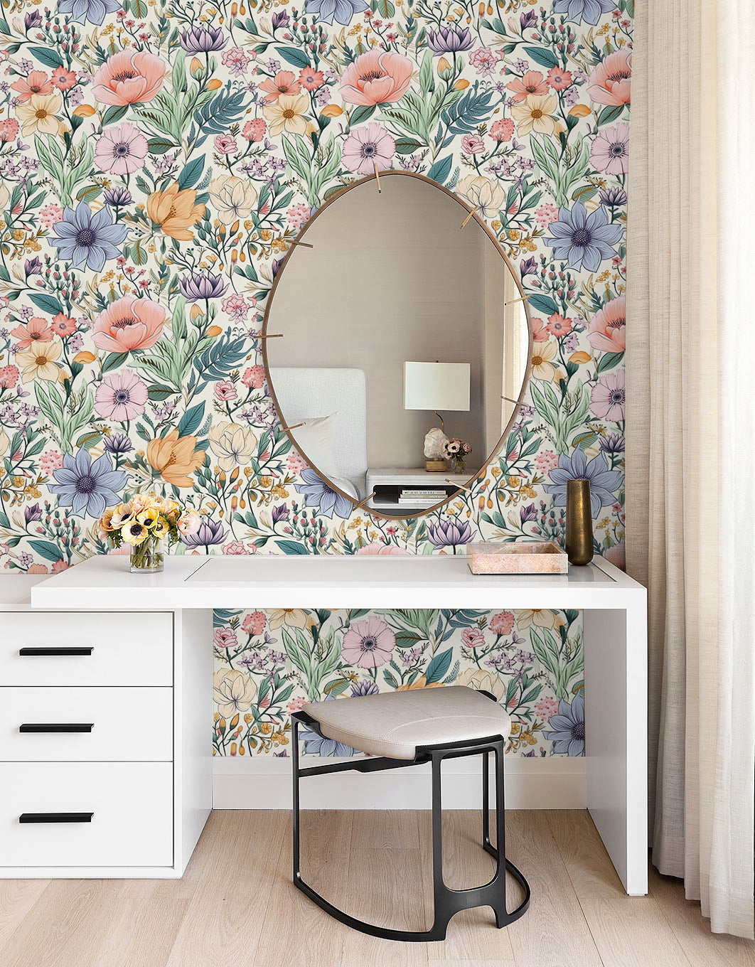 HaokHome Wallpaper Peel and Stick Floral Pink/Yellow/Blue Botanical Wall Decor Living Room Removable Mural