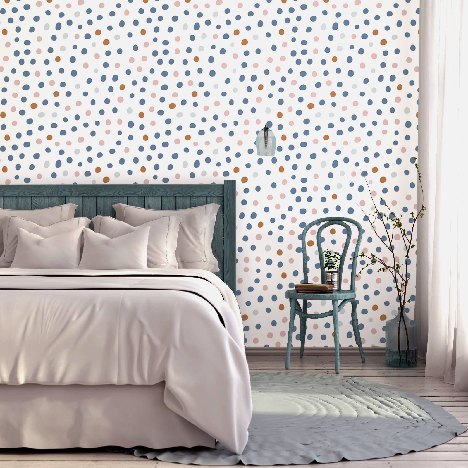 HaokHome Wallpaper Peel and Stick Geometric Polka Dot Blue/Pink/Brown Minimalist Wall Decor Removable Mural for Kids' Room & Playroom