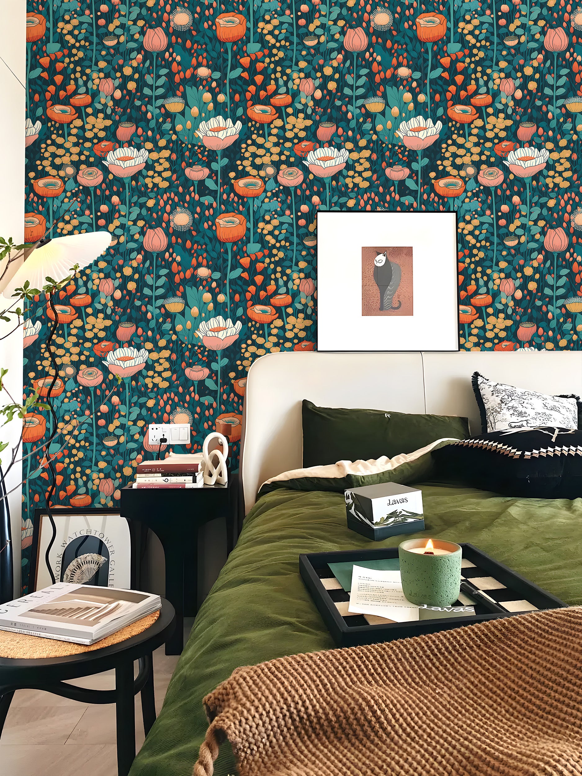 HaokHome Wallpaper Peel and Stick Large Floral Green/Red/Pink Botanical Wall Decor Removable Mural