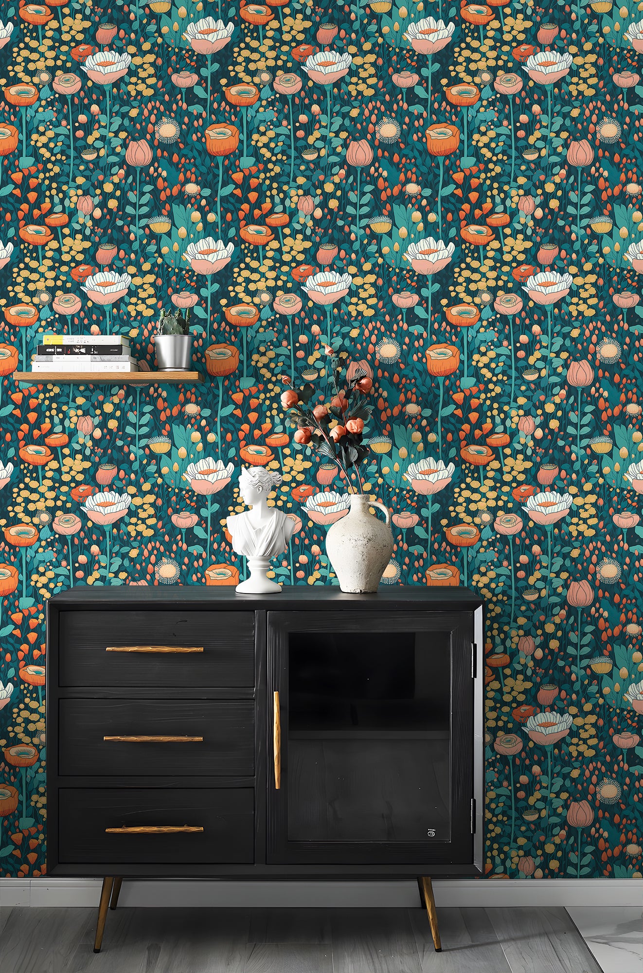 HaokHome Wallpaper Peel and Stick Large Floral Green/Red/Pink Botanical Wall Decor Removable Mural