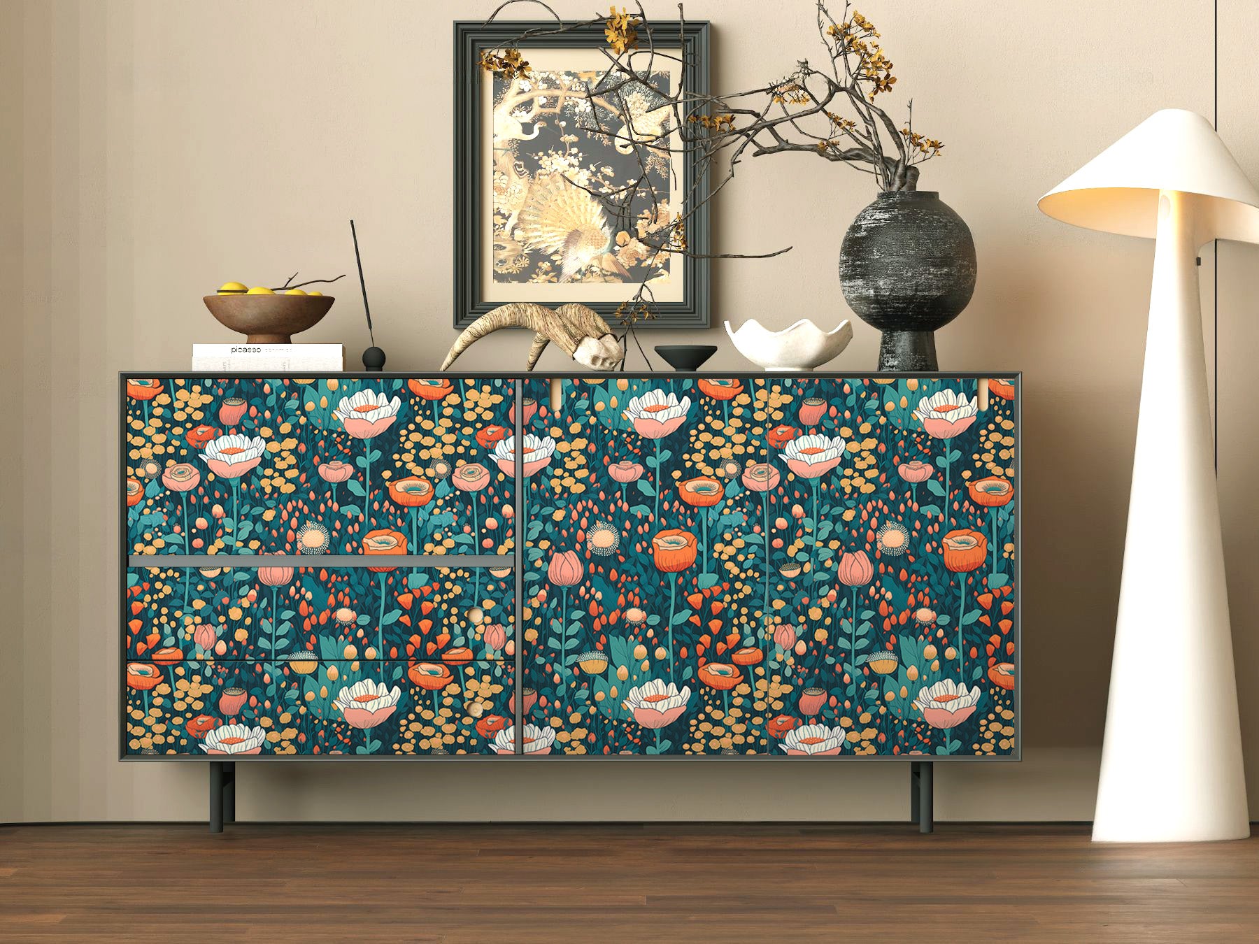 HaokHome Wallpaper Peel and Stick Large Floral Green/Red/Pink Botanical Wall Decor Removable Mural