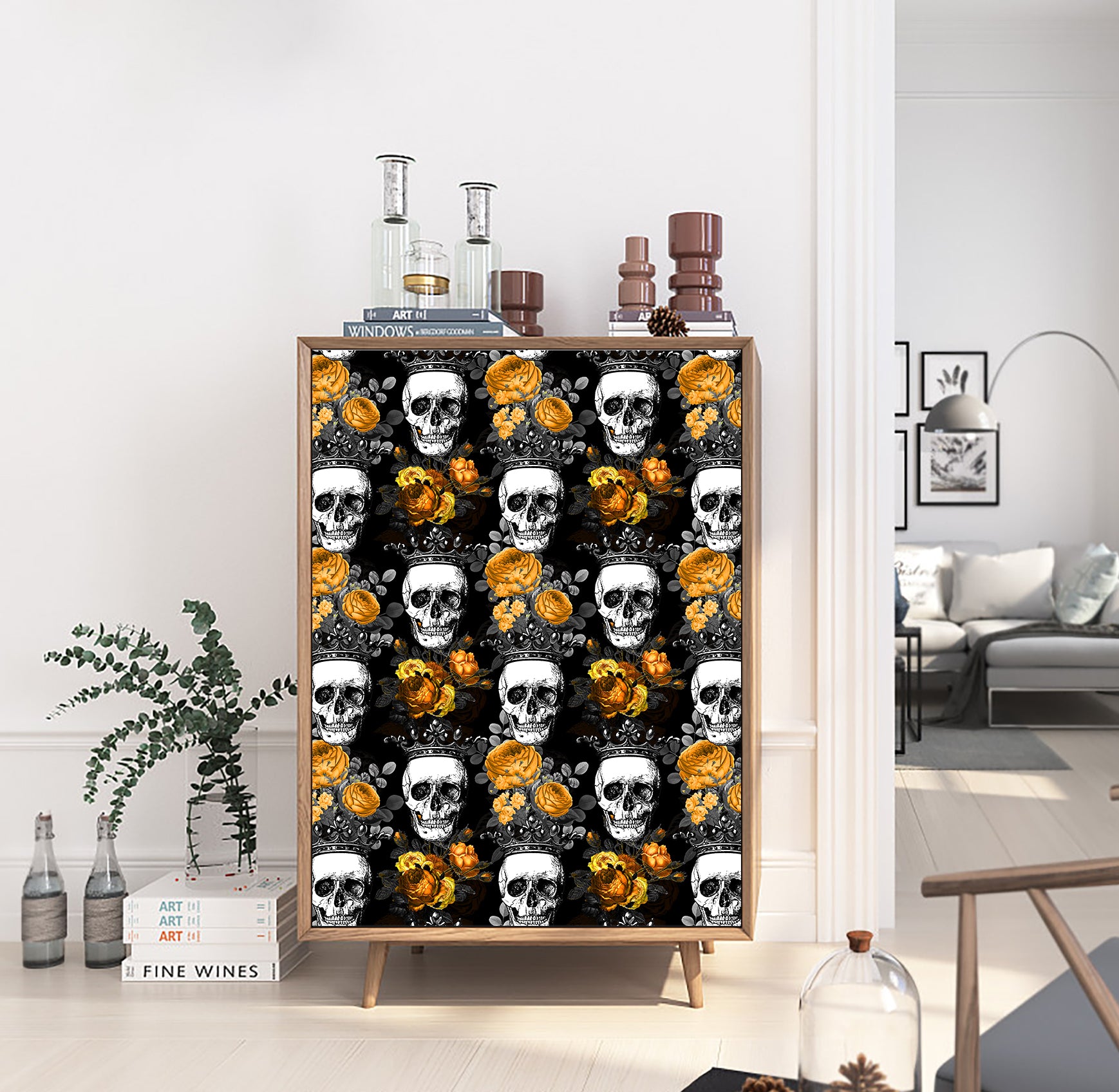 HaokHome Wallpaper Peel and Stick Skull Crown Floral Black/Yellow Gothic Royal Wall Decor Removable Mural