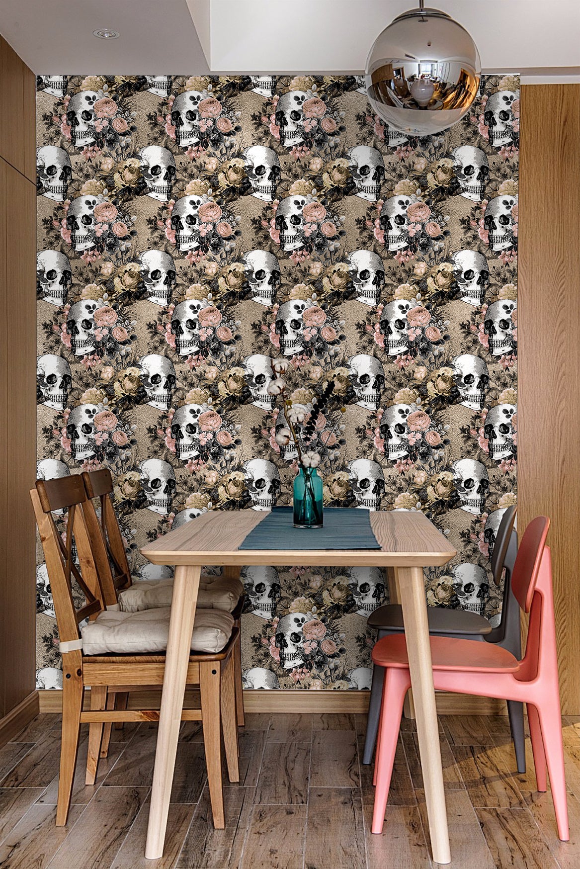 HaokHome Wallpaper Peel and Stick Skull Floral Beige/Pink/Black Vintage Gothic Wall Decor Removable Mural