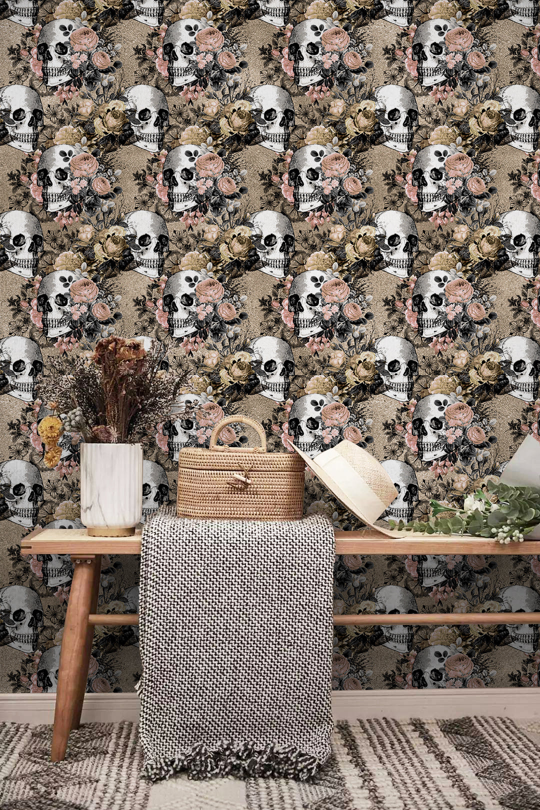 HaokHome Wallpaper Peel and Stick Skull Floral Beige/Pink/Black Vintage Gothic Wall Decor Removable Mural