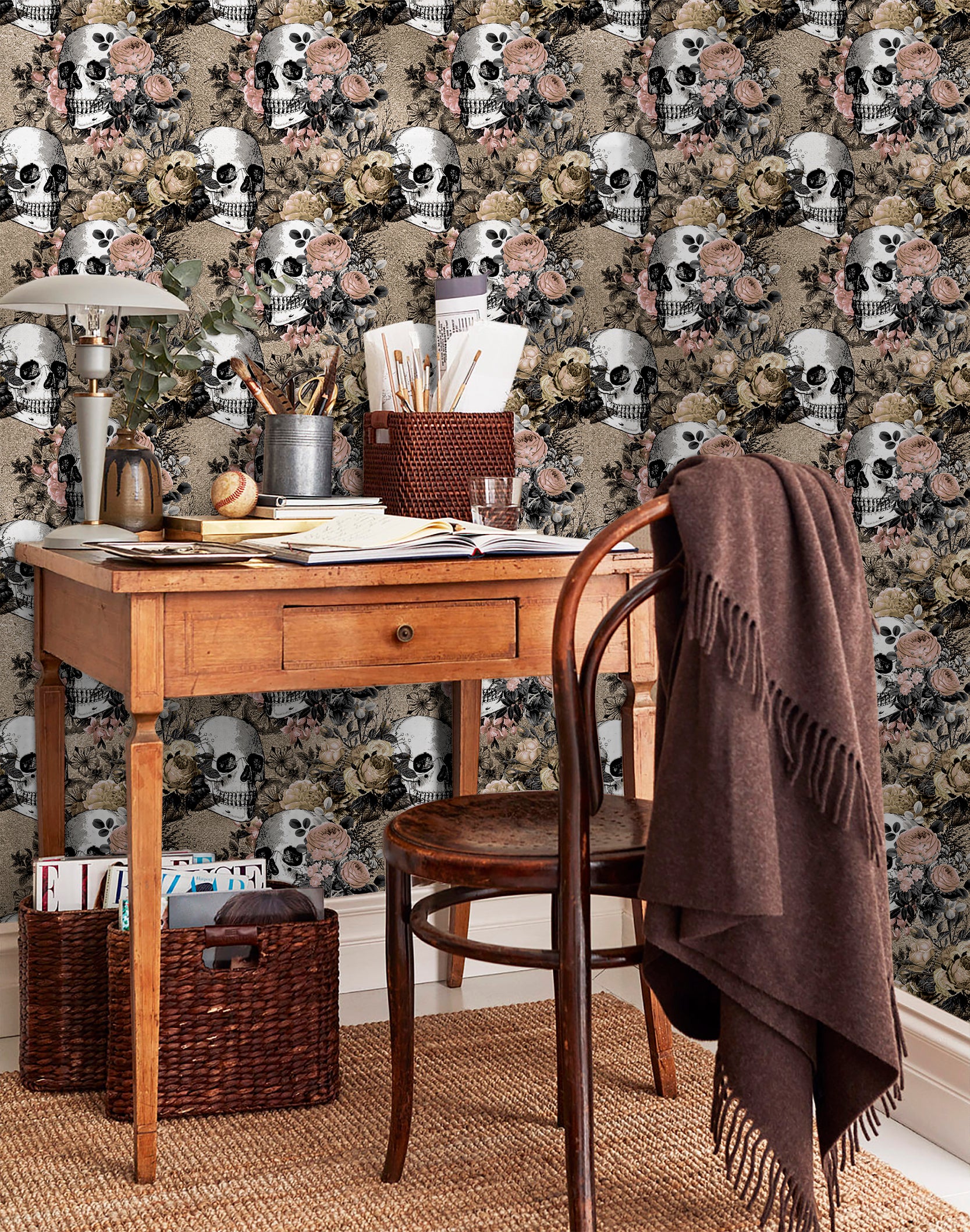 HaokHome Wallpaper Peel and Stick Skull Floral Beige/Pink/Black Vintage Gothic Wall Decor Removable Mural