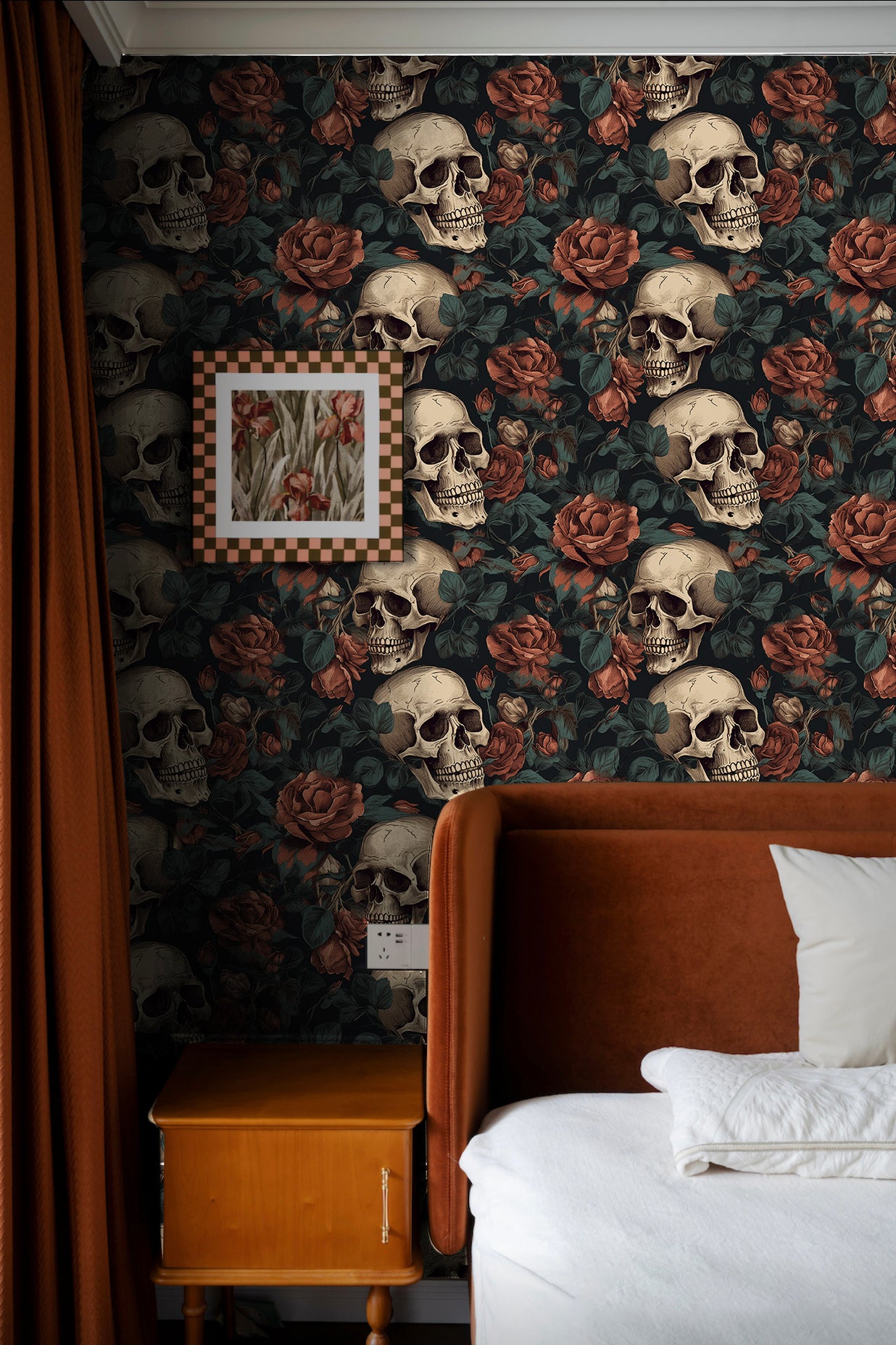 HaokHome Wallpaper Peel and Stick Skull Floral Dark Red/Peach/Green Vintage Gothic Wall Decor Bedroom Removable Mural
