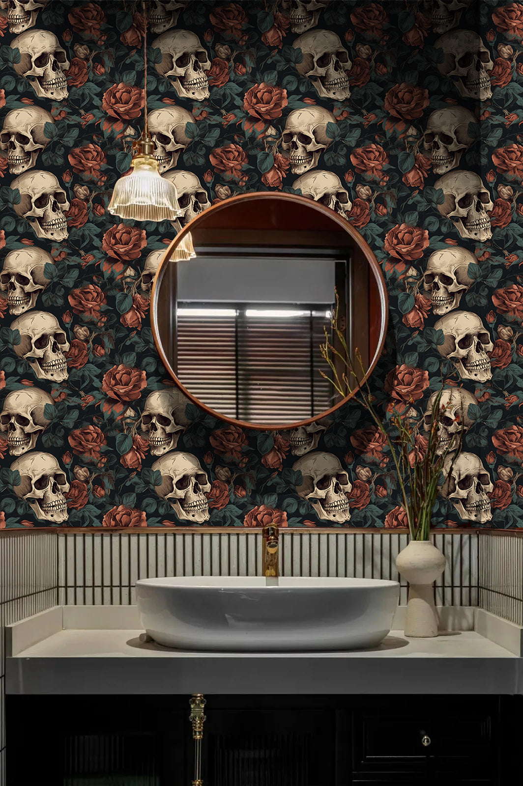 HaokHome Wallpaper Peel and Stick Skull Floral Dark Red/Peach/Green Vintage Gothic Wall Decor Bedroom Removable Mural