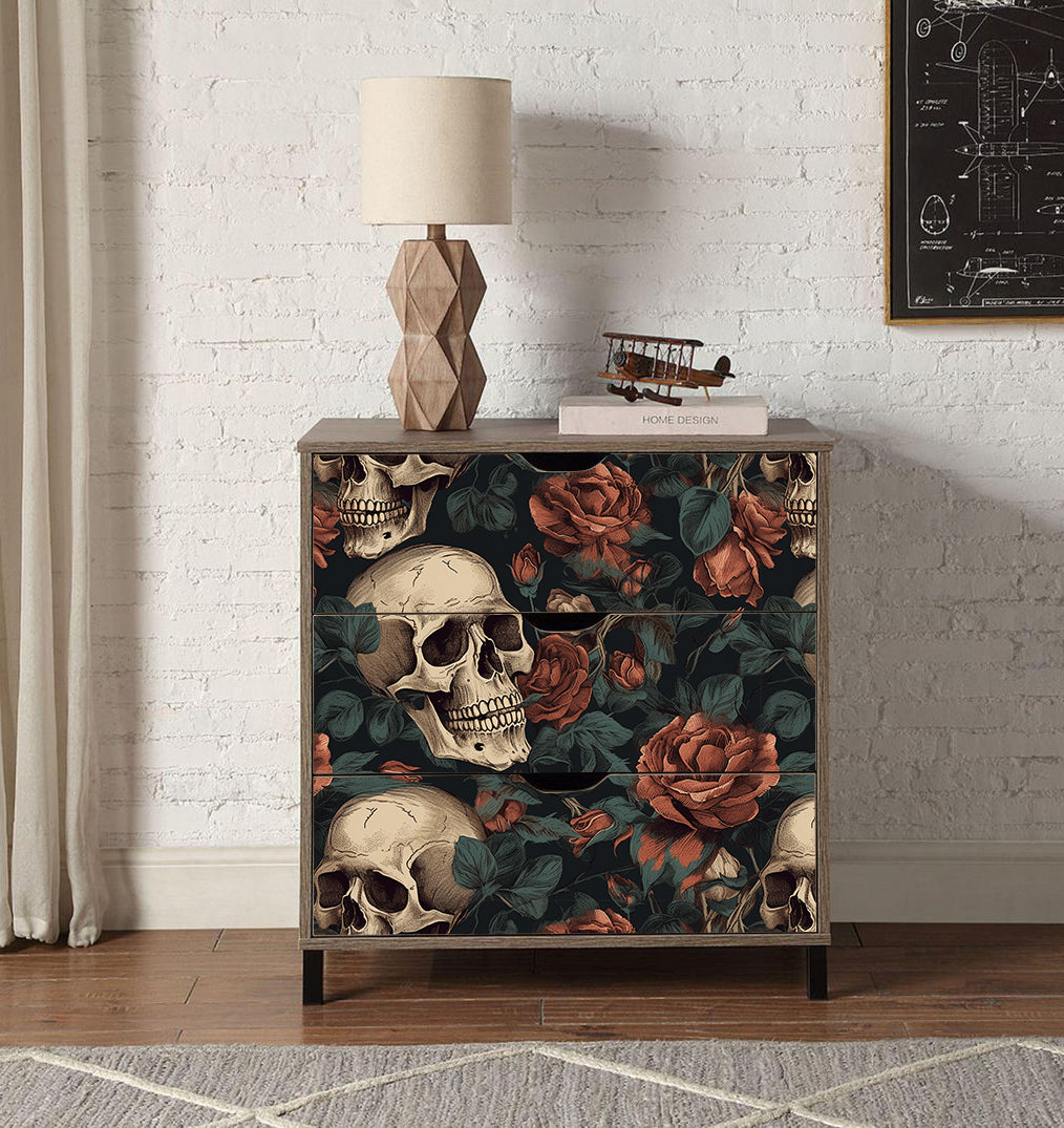 HaokHome Wallpaper Peel and Stick Skull Floral Dark Red/Peach/Green Vintage Gothic Wall Decor Bedroom Removable Mural