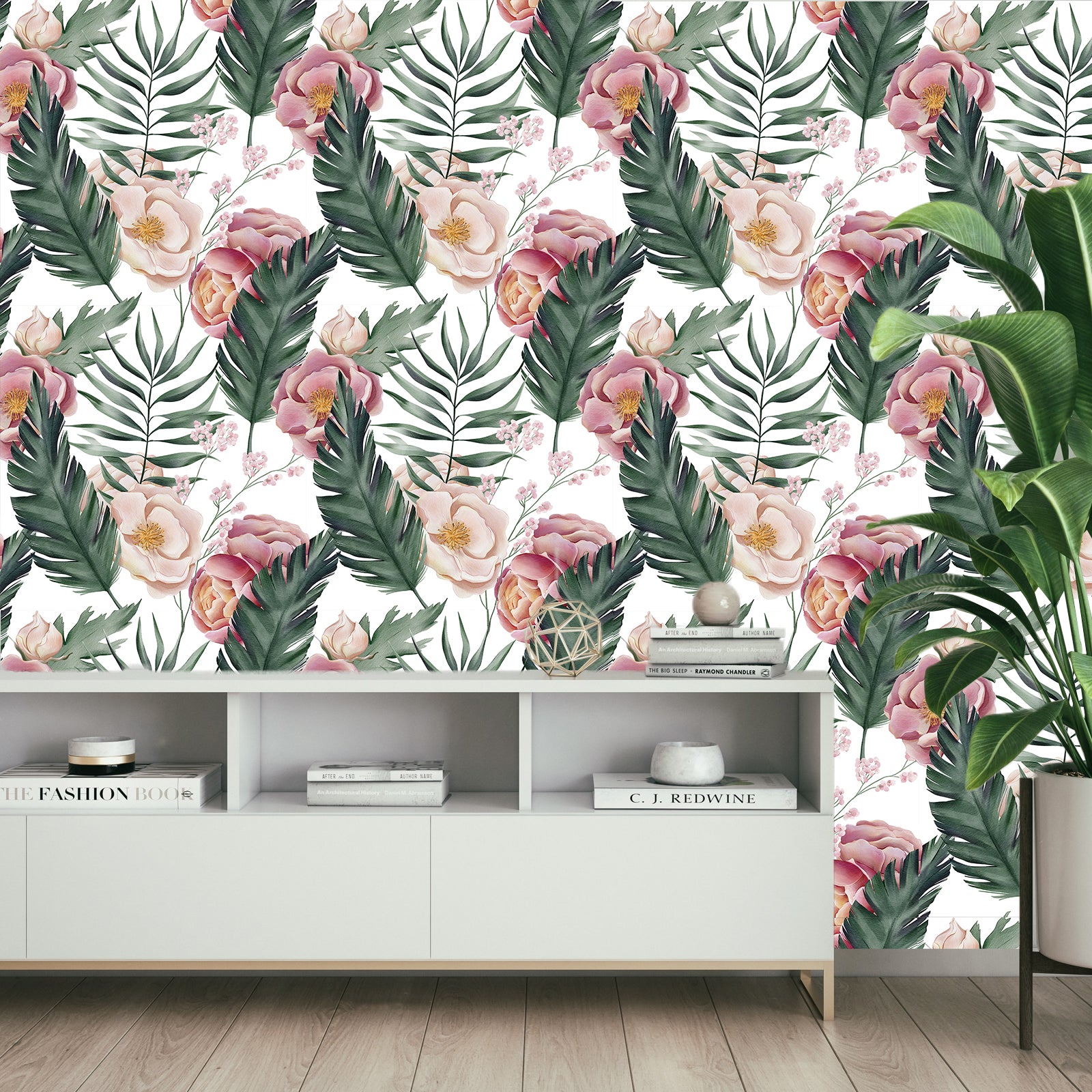 HaokHome Wallpaper Peel and Stick Tropical Botanical Green/White/Pink Floral Wall Decor Removable Mural for Bedroom & Living Room