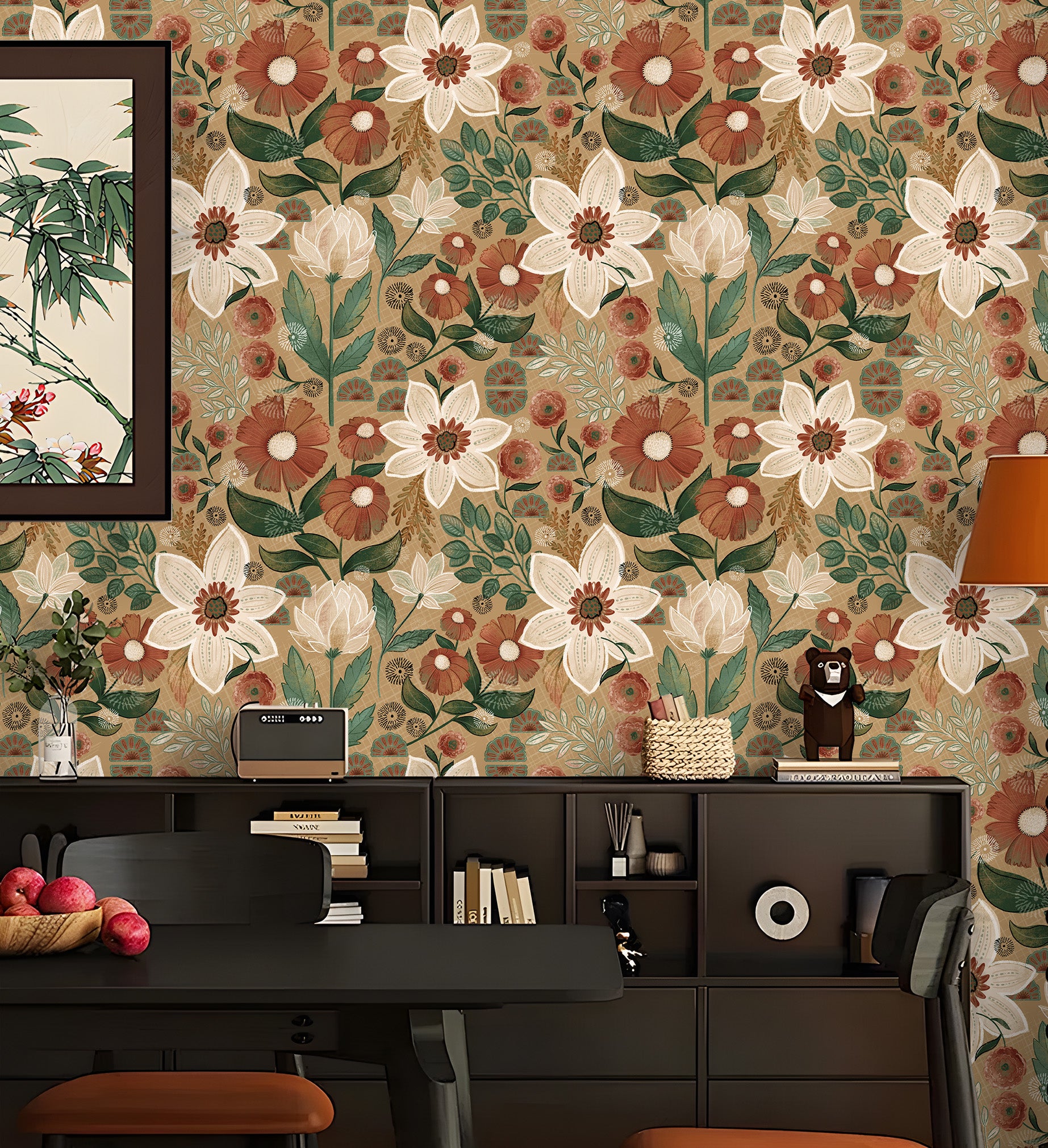 HaokHome Wallpaper Peel and Stick Vintage Floral Brown/Beige/Green Botanical Wall Decor Removable Mural