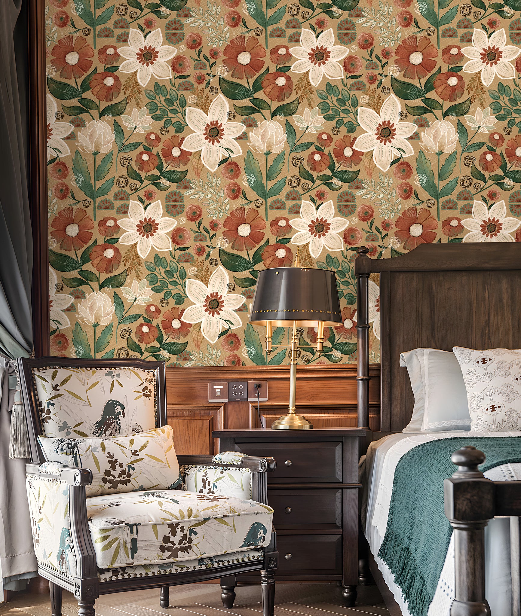 HaokHome Wallpaper Peel and Stick Vintage Floral Brown/Beige/Green Botanical Wall Decor Removable Mural