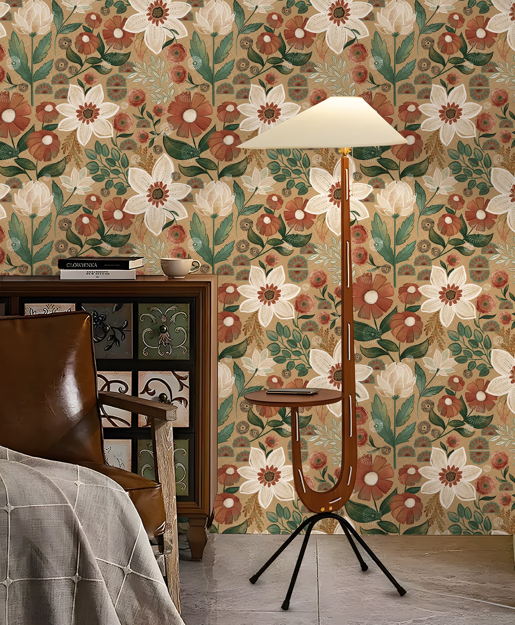 HaokHome Wallpaper Peel and Stick Vintage Floral Brown/Beige/Green Botanical Wall Decor Removable Mural