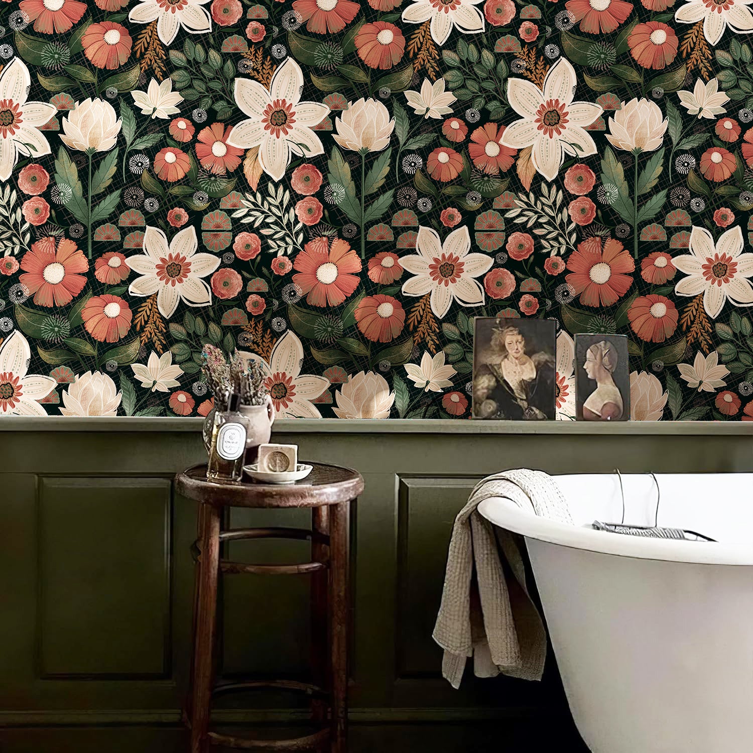 HaokHome Wallpaper Peel and Stick Vintage Floral Green/Beige/Brown Botanical Wall Decor Removable Mural