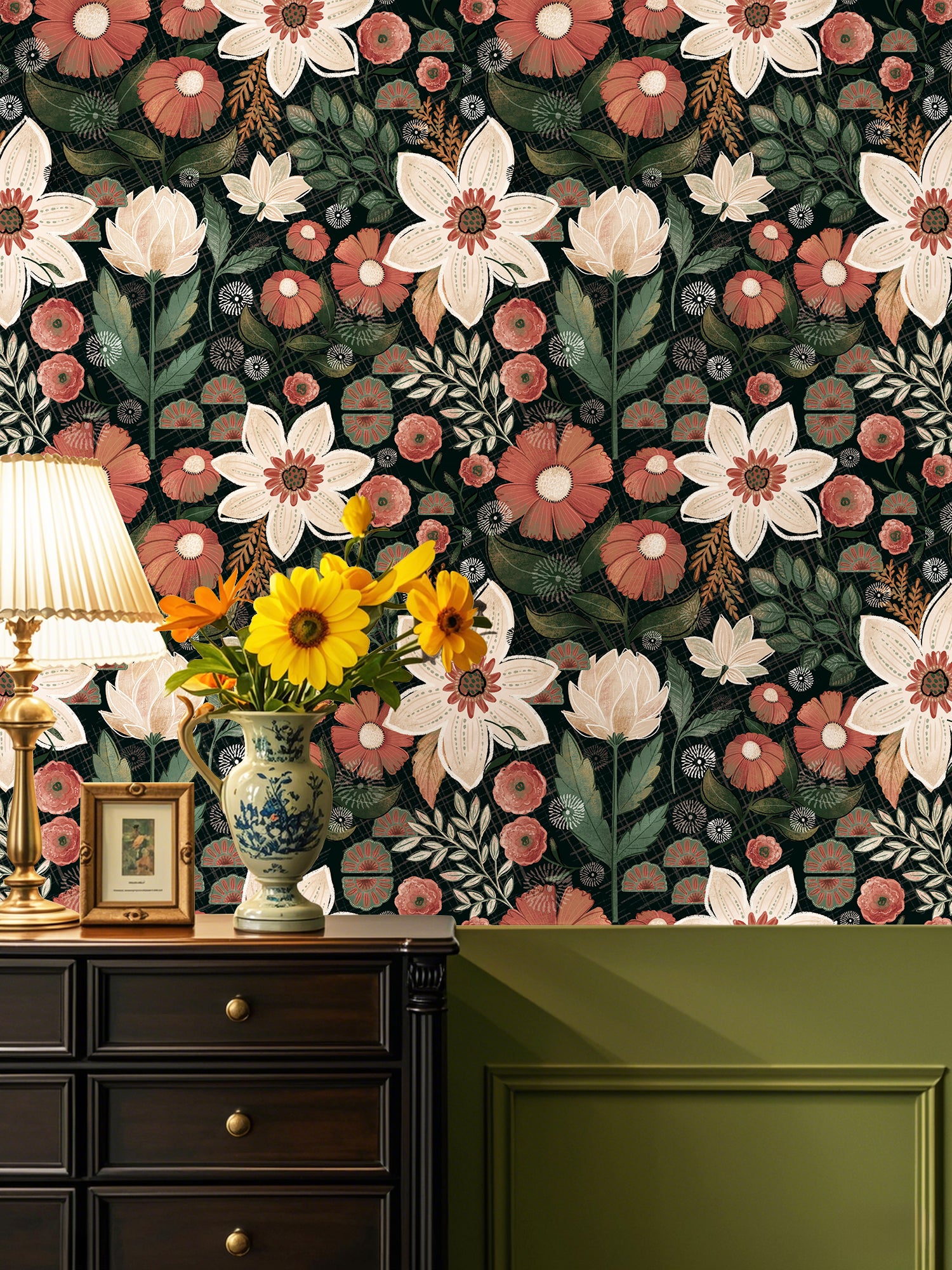 HaokHome Wallpaper Peel and Stick Vintage Floral Green/Beige/Brown Botanical Wall Decor Removable Mural