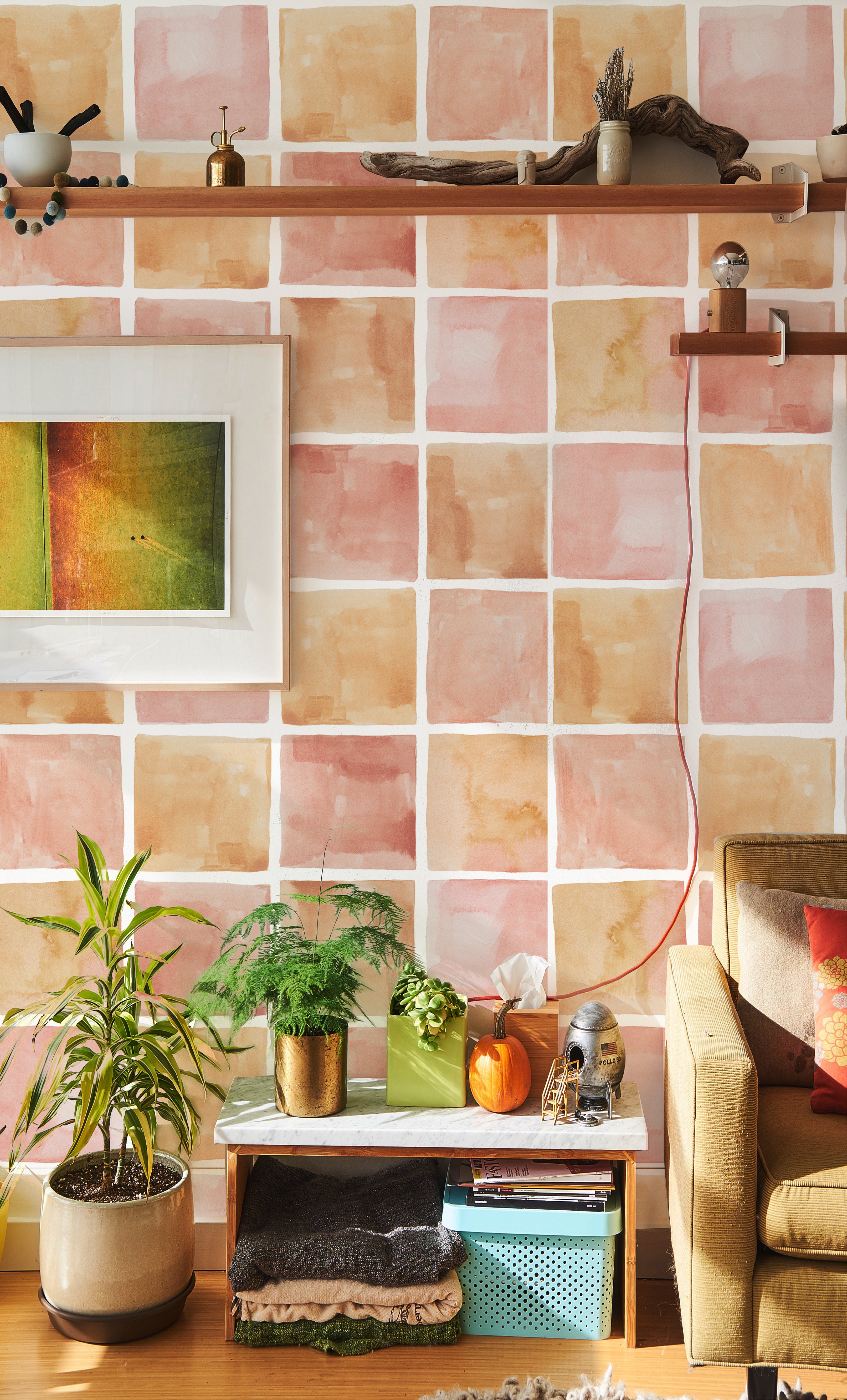HaokHome Wallpaper Peel and Stick Watercolor Tile Pink/Orange Abstract Wall Decor Removable Mural for Kitchen & Bathroom