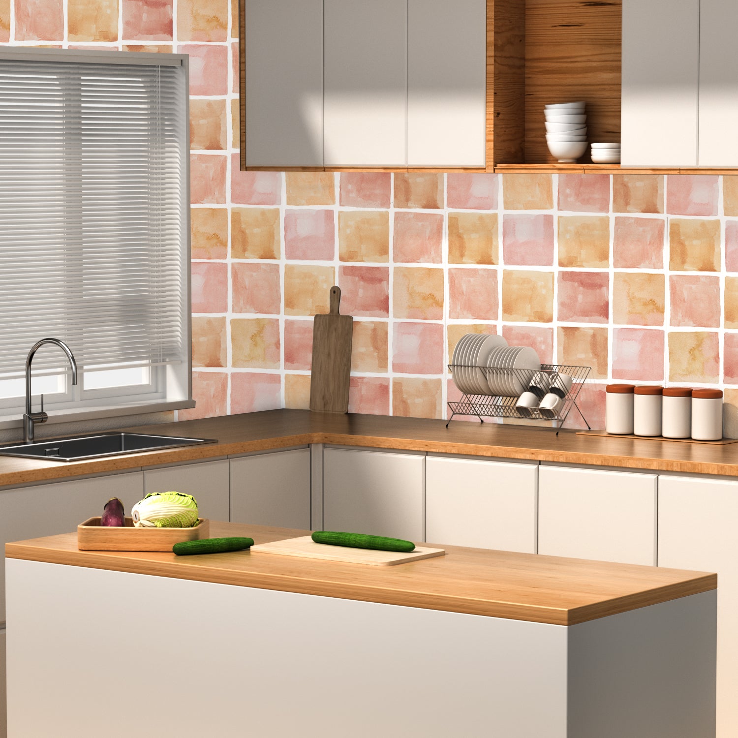 HaokHome Wallpaper Peel and Stick Watercolor Tile Pink/Orange Abstract Wall Decor Removable Mural for Kitchen & Bathroom