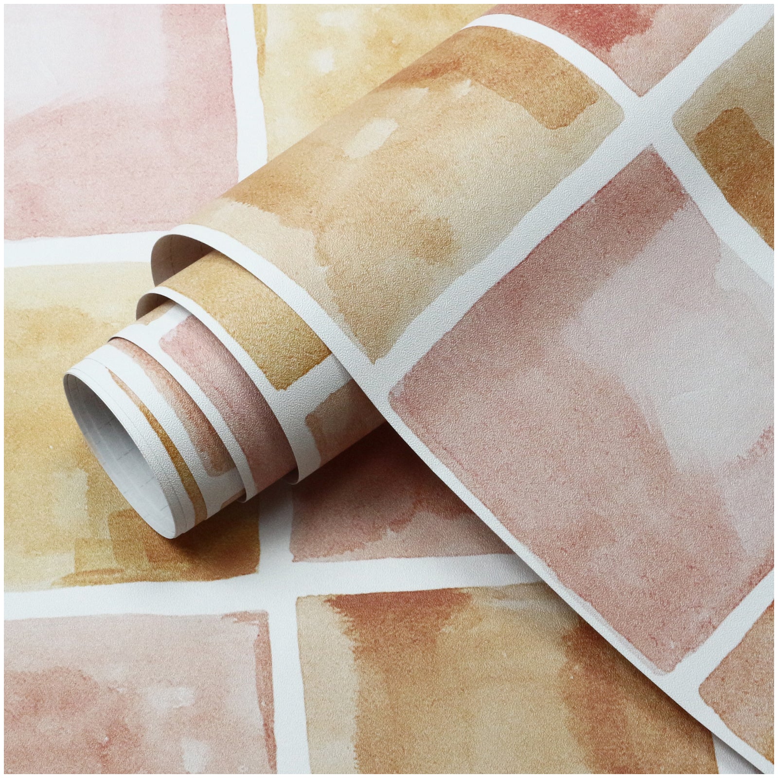 HaokHome Wallpaper Peel and Stick Watercolor Tile Pink/Orange Abstract Wall Decor Removable Mural for Kitchen & Bathroom