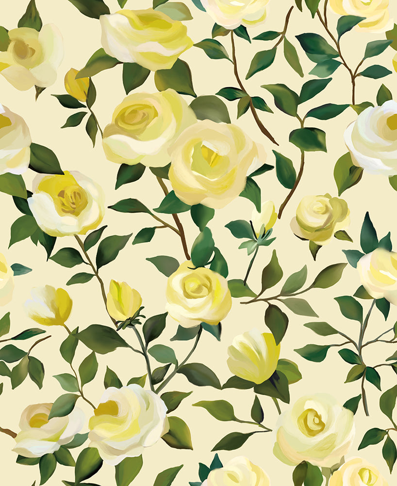 HaokHome Wallpaper Peel and Stick Yellow Rose Beige/Green Botanical Wall Decor Removable Mural