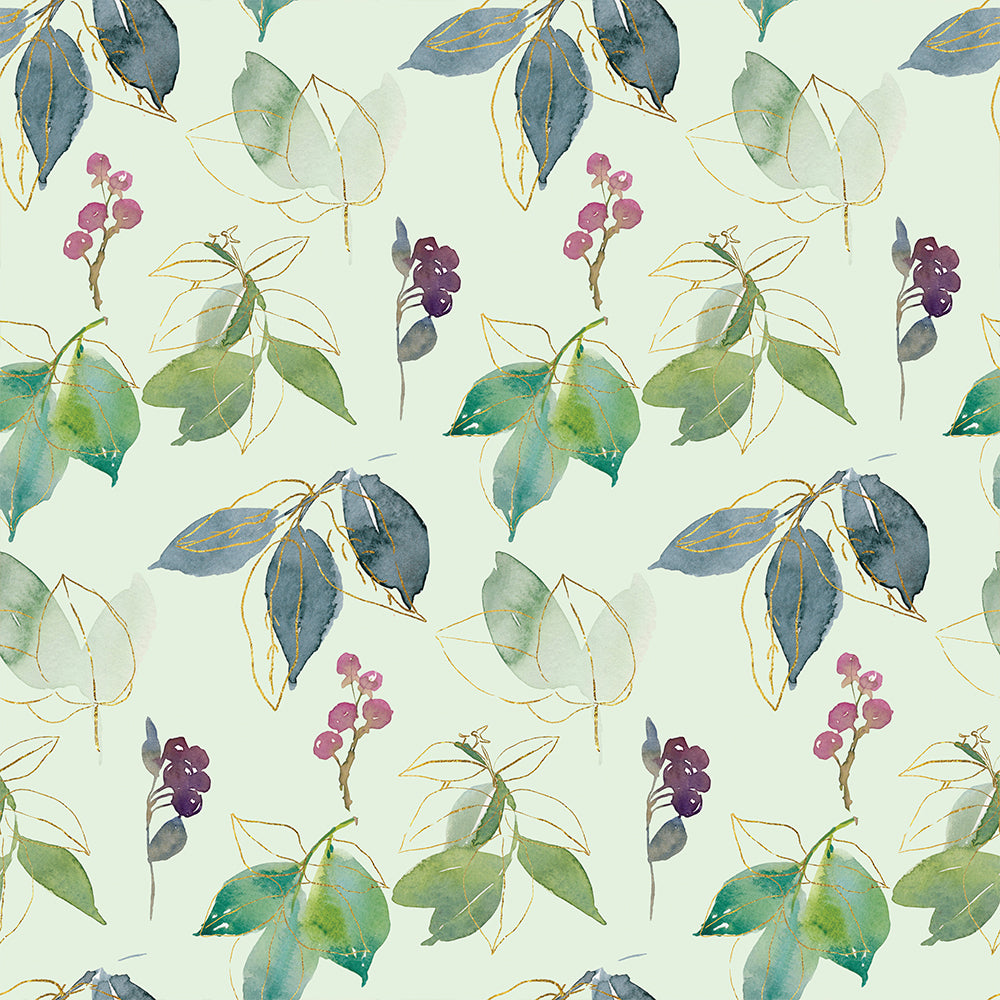 HaokHome Watercolor Botanical Peel and Stick Wallpaper Sage Green Leaves with Gold Line Accents, Boho Removable Self Adhesive Wallpaper for Bedroom Bathroom Nursery