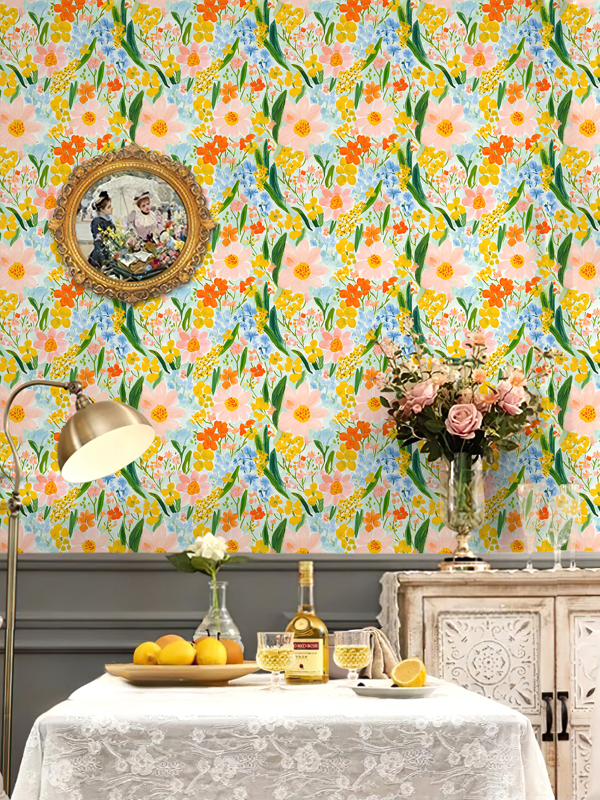 HaokHome Watercolor Floral Wallpaper – Vibrant Pink, Yellow, and Blue Flowers on Light Blue Background for Living Room & Bedroom