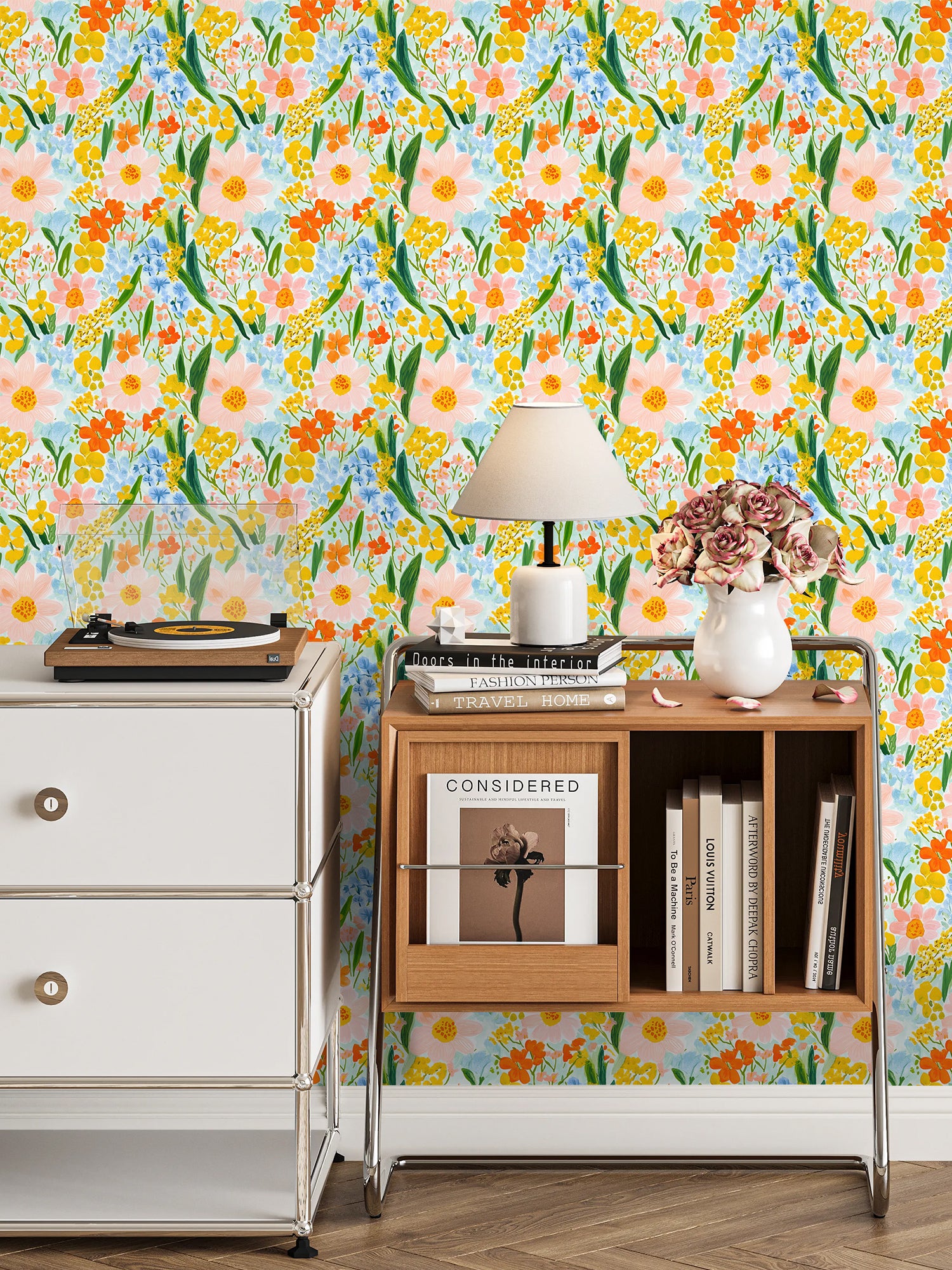 HaokHome Watercolor Floral Wallpaper – Vibrant Pink, Yellow, and Blue Flowers on Light Blue Background for Living Room & Bedroom