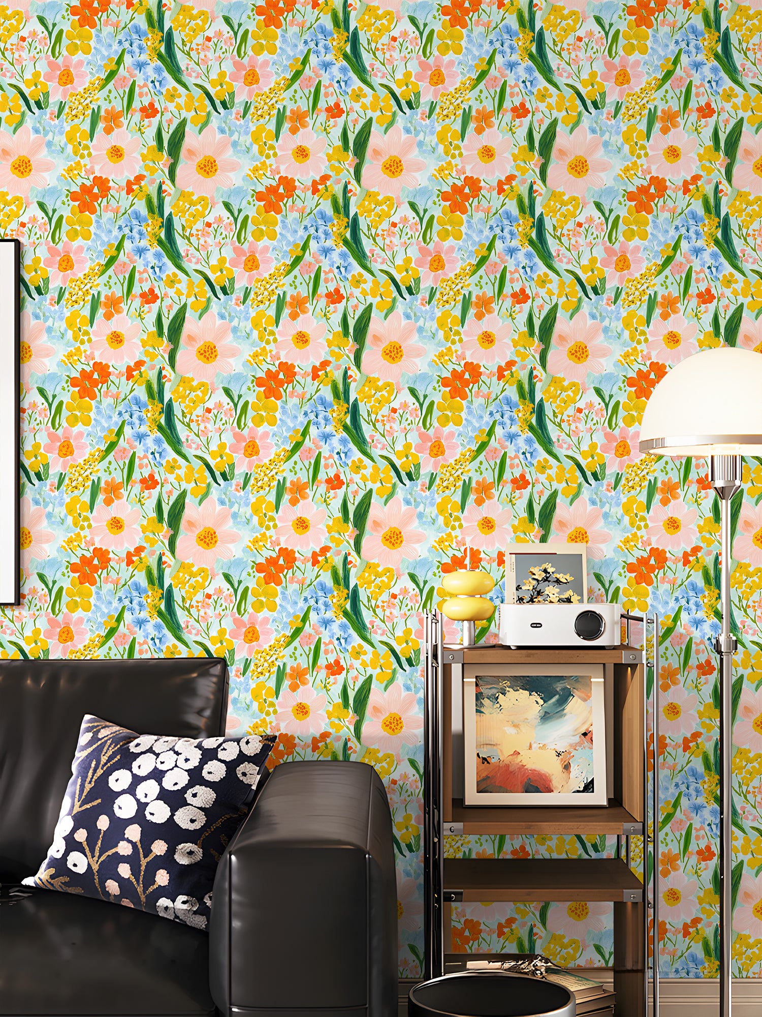 HaokHome Watercolor Floral Wallpaper – Vibrant Pink, Yellow, and Blue Flowers on Light Blue Background for Living Room & Bedroom