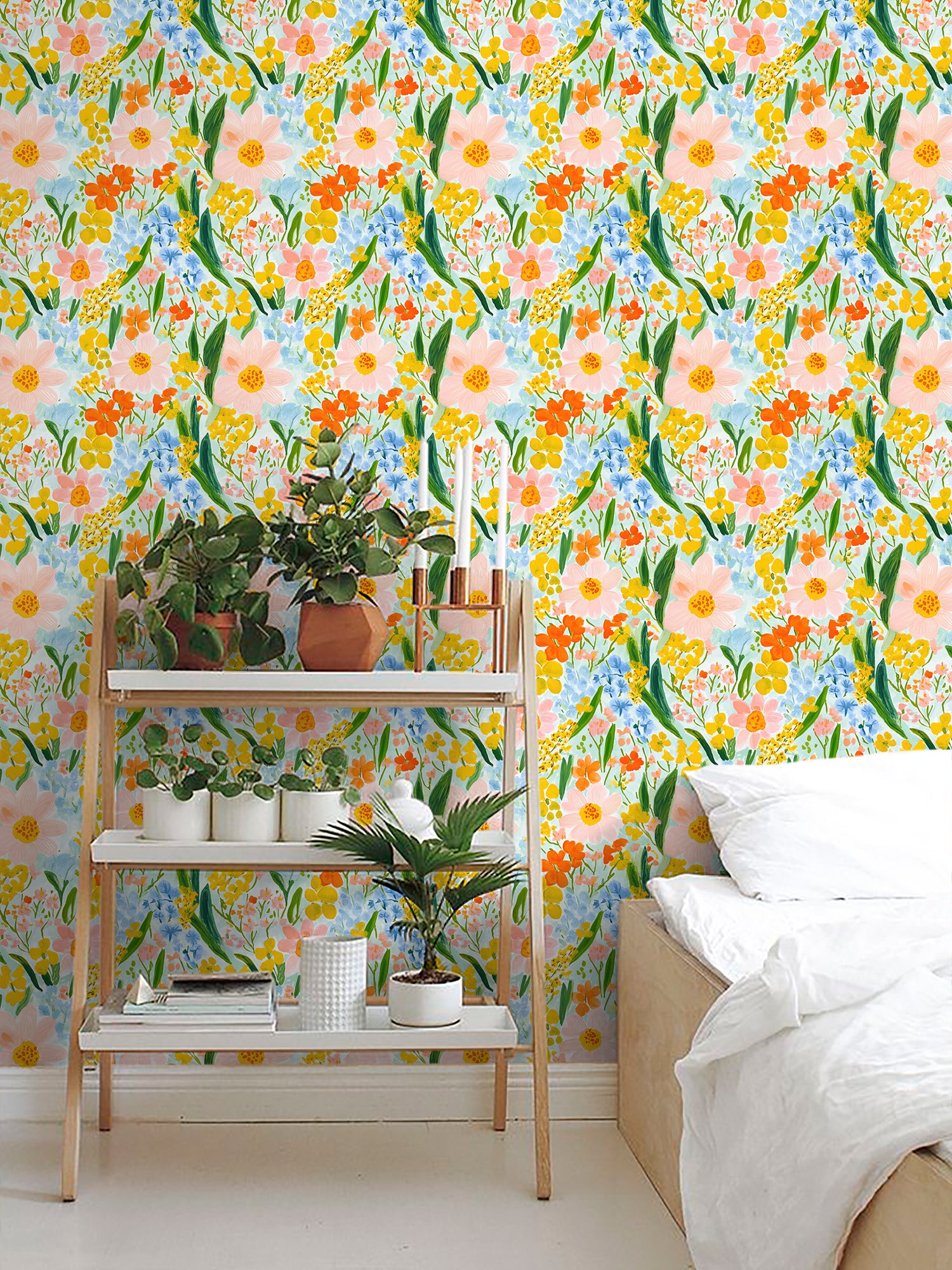 HaokHome Watercolor Floral Wallpaper – Vibrant Pink, Yellow, and Blue Flowers on Light Blue Background for Living Room & Bedroom