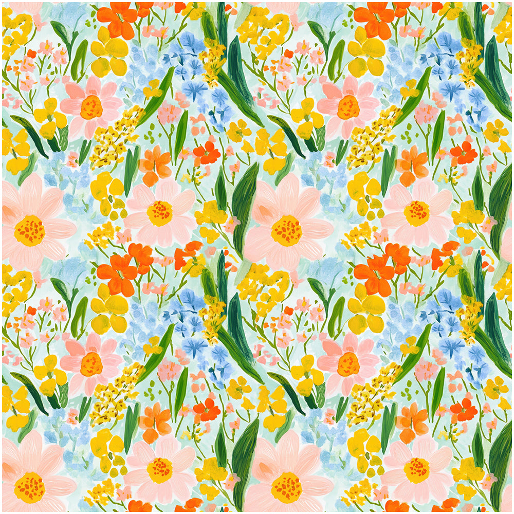 HaokHome Watercolor Floral Wallpaper – Vibrant Pink, Yellow, and Blue Flowers on Light Blue Background for Living Room & Bedroom