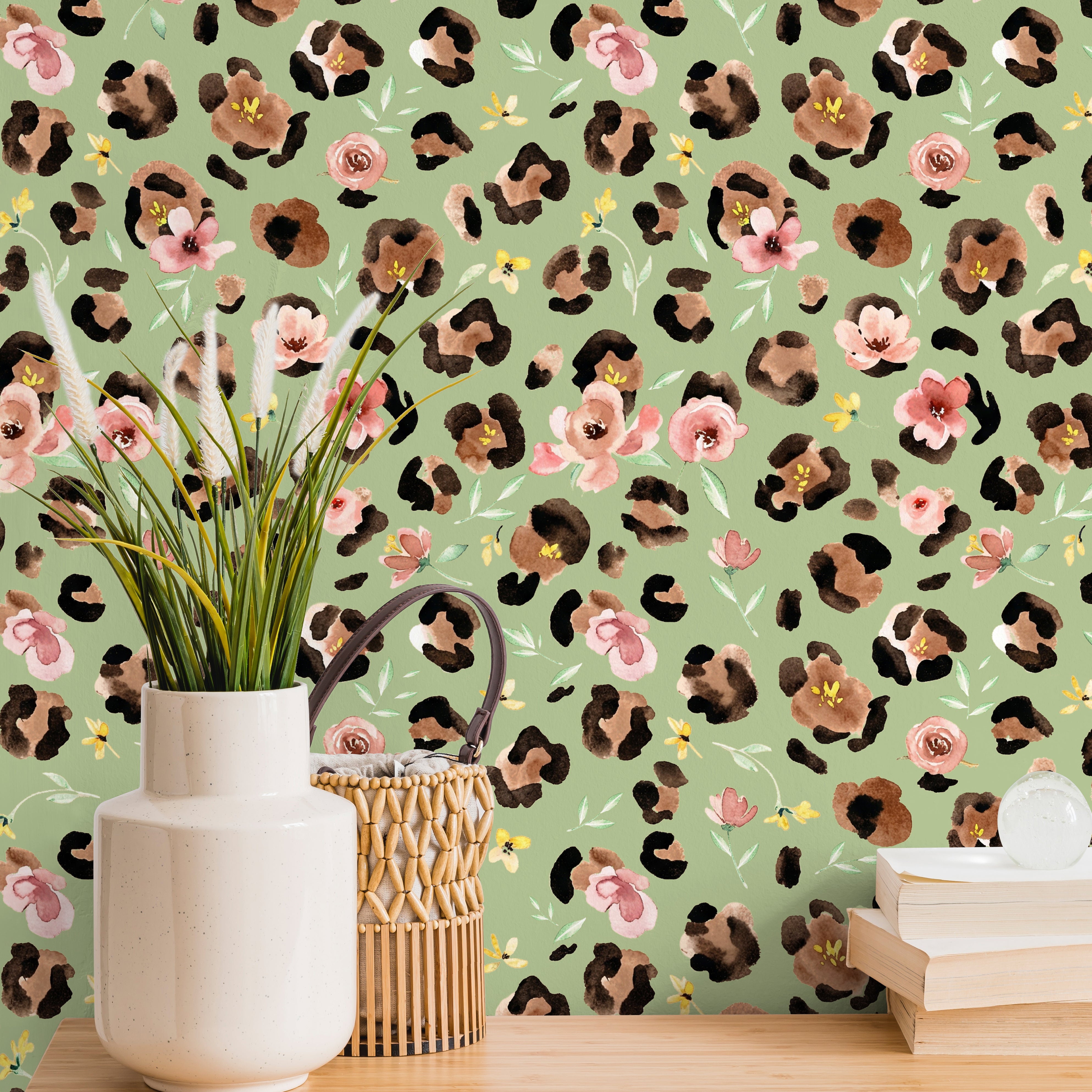 HaokHome Watercolor Leopard Floral Peel and Stick Wallpaper – Pink Flowers on Sage Green Background