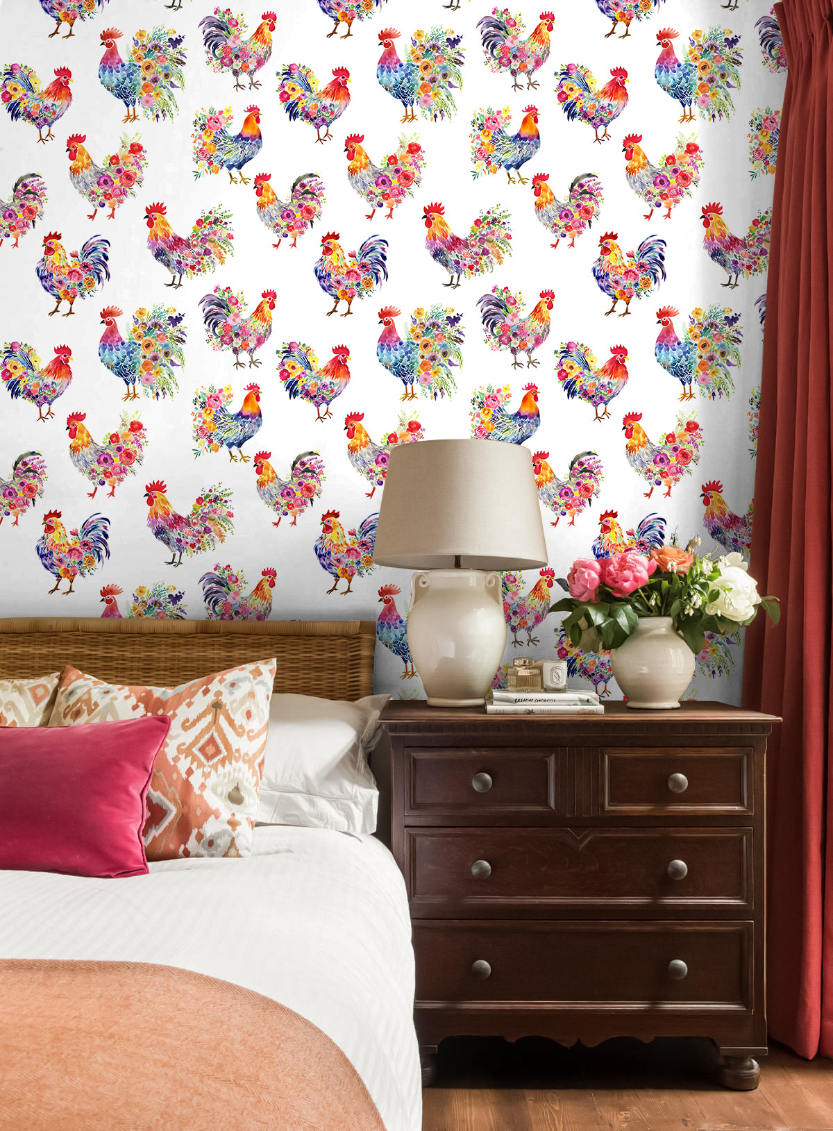 HaokHome Watercolor Rooster and Floral Wallpaper Colorful Chickens with Flower Arrangements on White Background