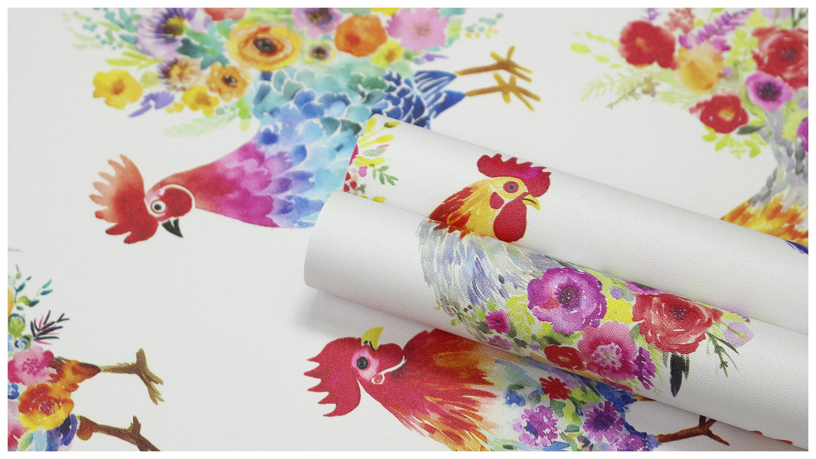 HaokHome Watercolor Rooster and Floral Wallpaper Colorful Chickens with Flower Arrangements on White Background