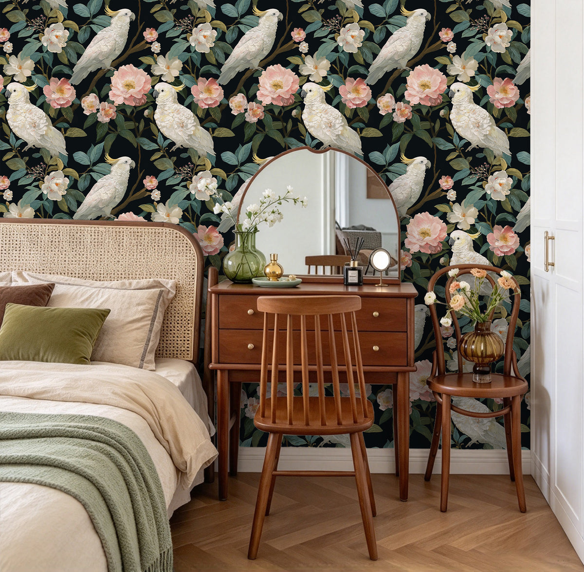 HaokHome antique bird flower removable wallpaper for vanity bedroom, moody dark wall with white cockatoo and pink floral