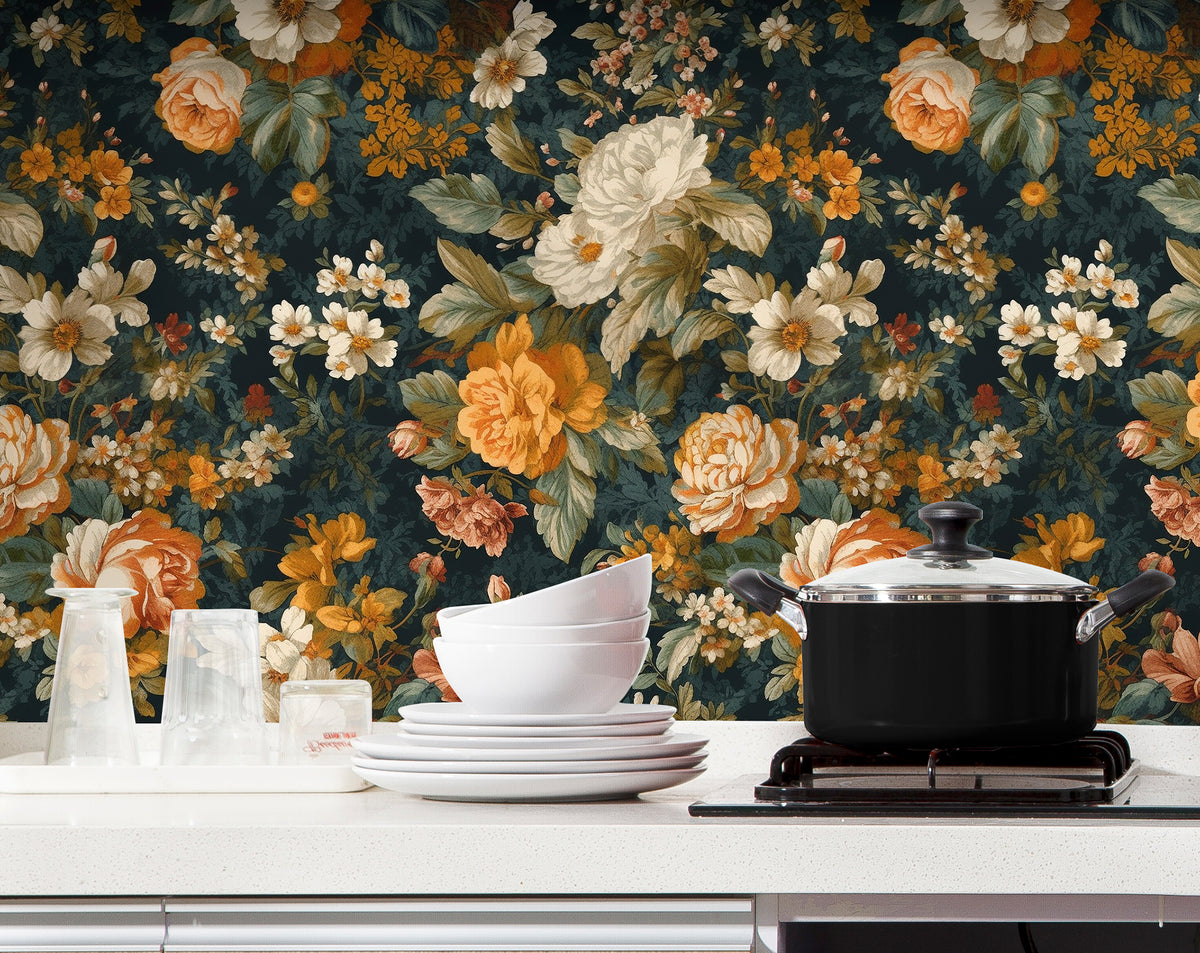 HaokHome antique peony peel and stick wallpaper, dark green moody floral print, removable self-adhesive wall covering for kitchen backsplash decor