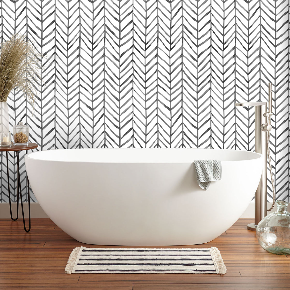 HaokHome black and white herringbone peelable wallpaper, bathroom tub feature wall makeover