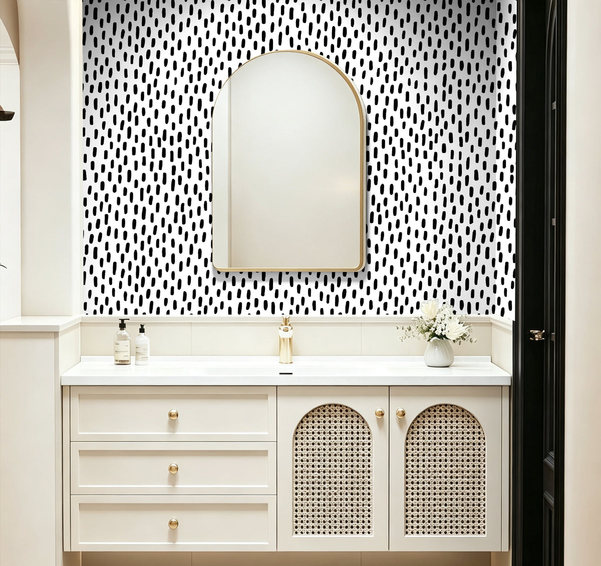 HaokHome black speckle peel and stick wallpaper, bright white bathroom vanity wall, water-resistant wall covering for wet space