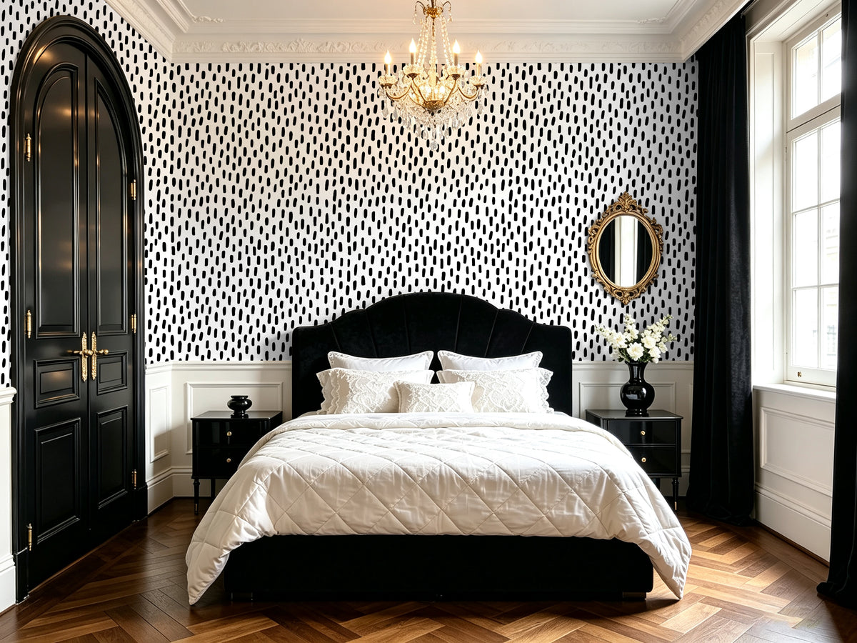 HaokHome black spot self-adhesive wallpaper, dramatic vintage master bedroom accent wall, bold modern cottage room design