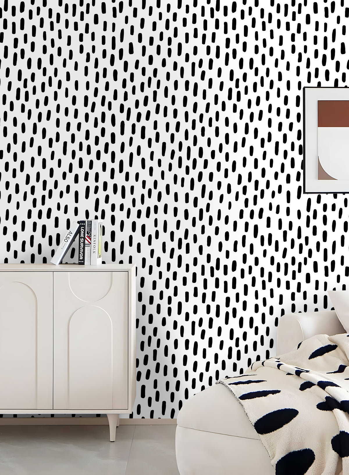 HaokHome black spotted removable wallpaper, bright casual bedroom accent wall, modern playful home interior makeover