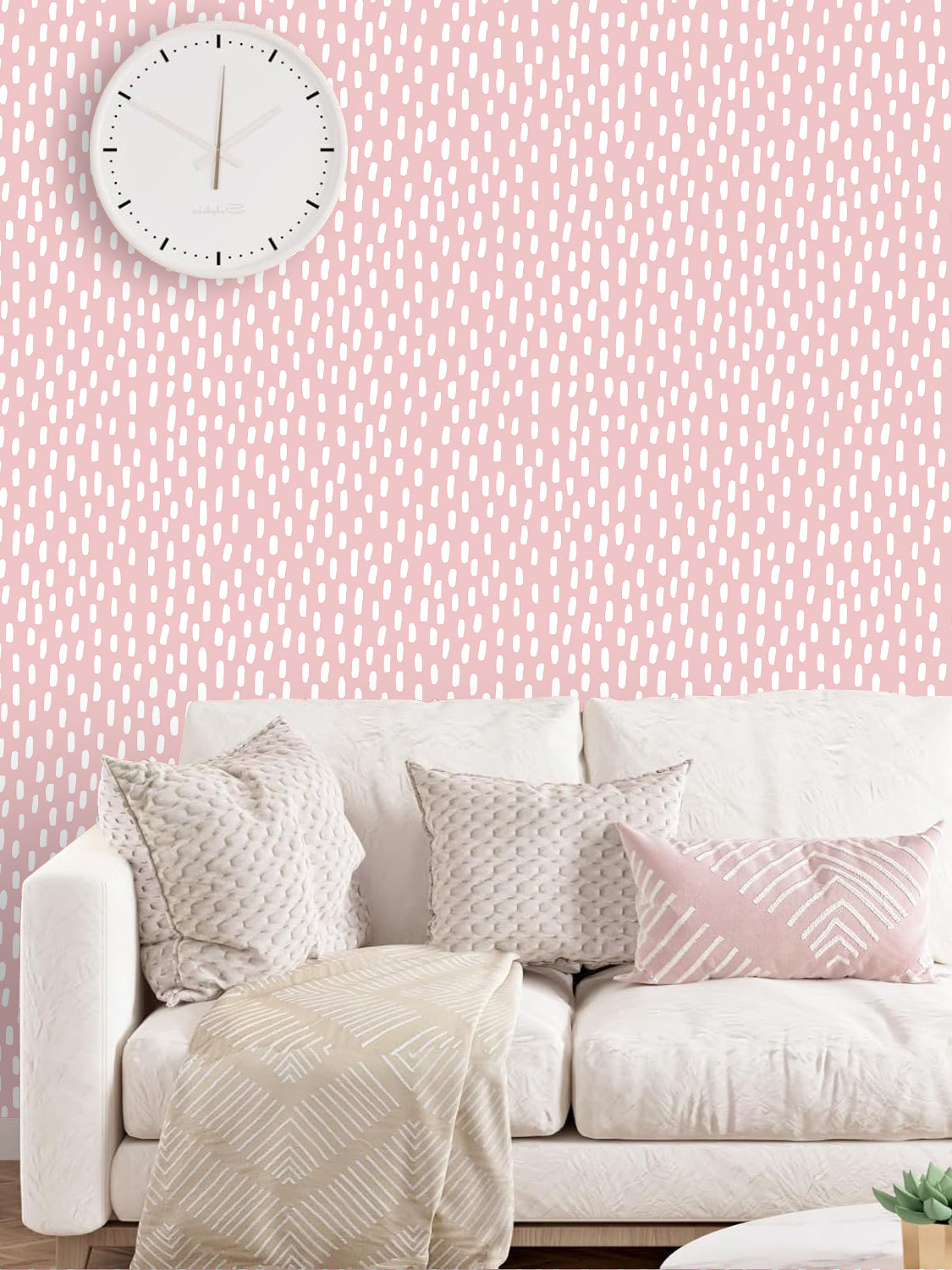 HaokHome blush pink dash removable wallpaper, bright living room accent wall, sweet cottage style interior decor