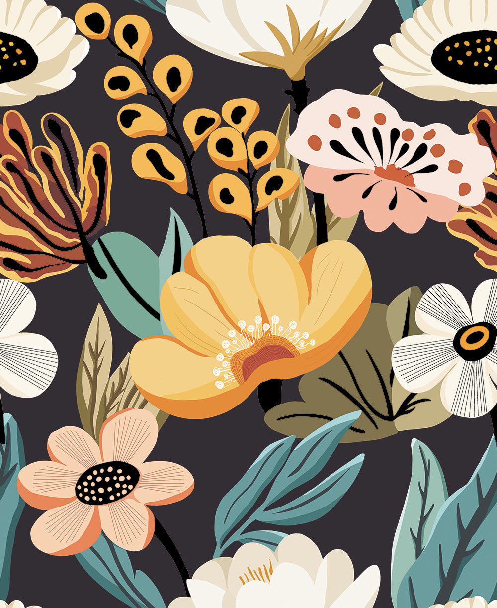 HaokHome boho floral peel and stick wallpaper, black brown retro wildflower removable wallpaper, dark tone botanical wall mural for bedroom living room accent wall