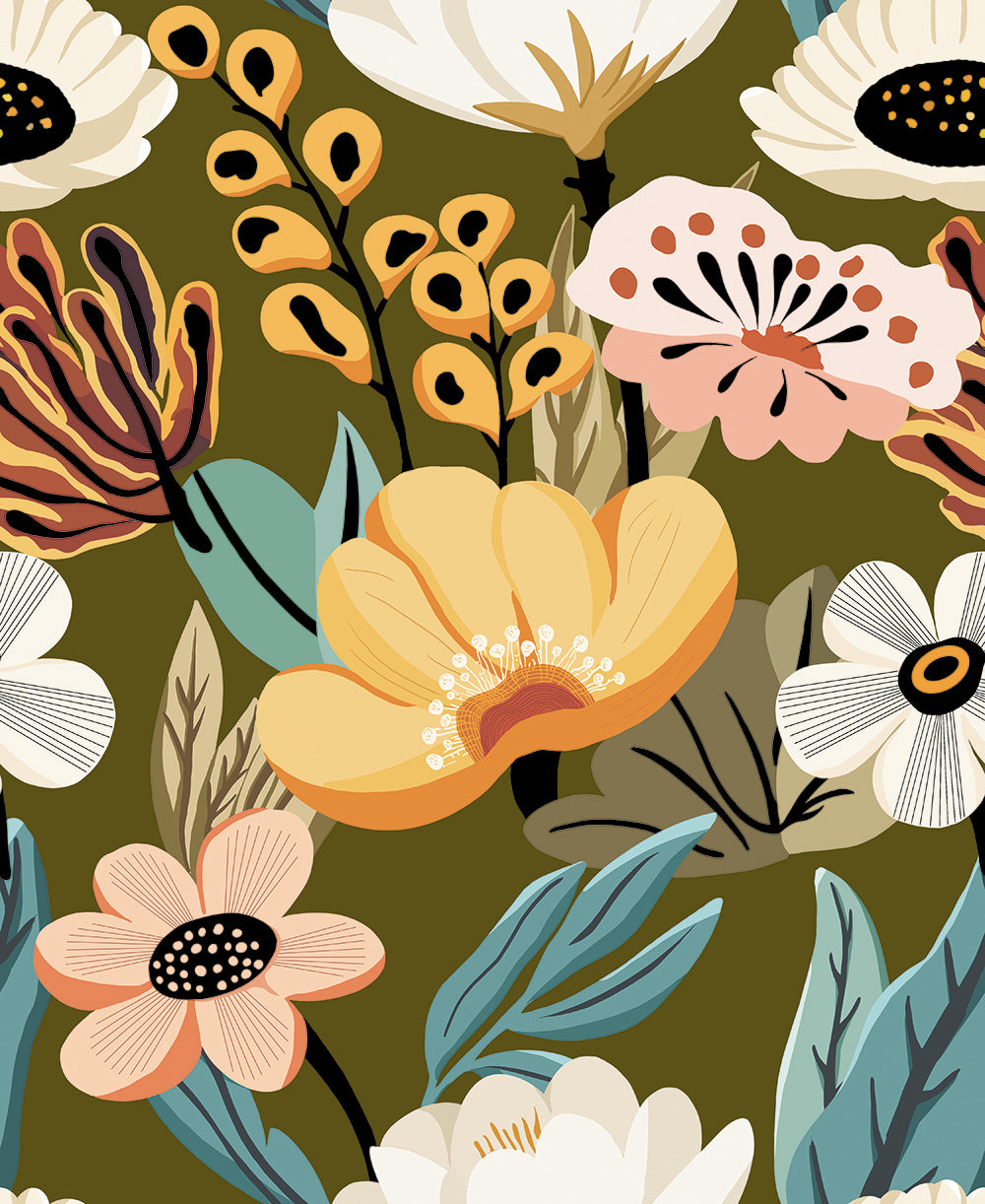 HaokHome boho floral peel and stick wallpaper, olive green retro wildflower removable wallpaper, dark tone botanical wall mural for bedroom living room accent wall