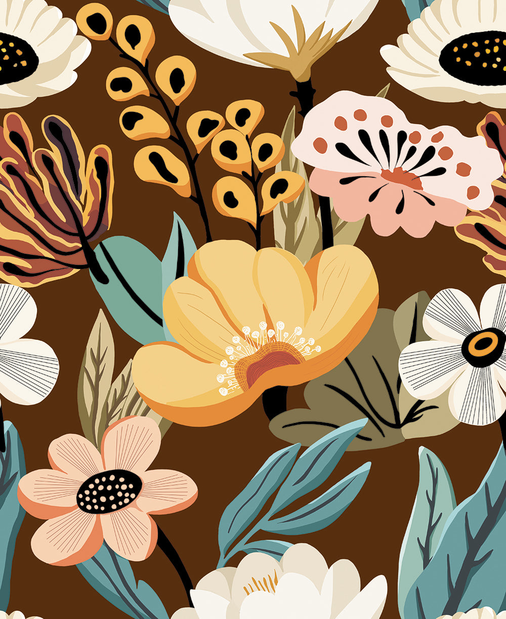 HaokHome boho floral peel and stick wallpaper, rich coffee brown retro wildflower removable wallpaper, dark tone botanical wall mural for bedroom living room accent wall