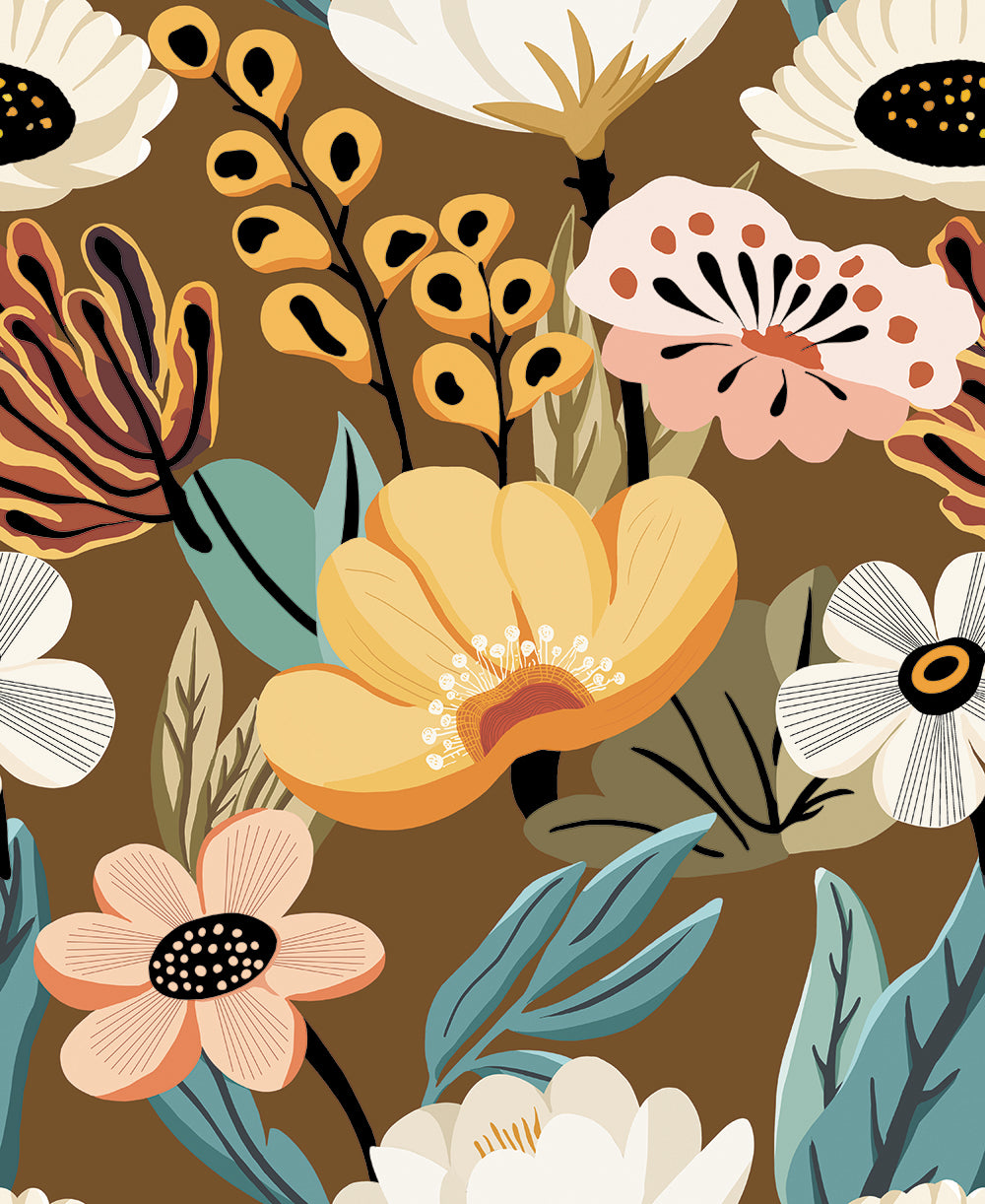 HaokHome boho floral peel and stick wallpaper, warm brown retro wildflower removable wallpaper, dark tone botanical wall mural for bedroom living room accent wall