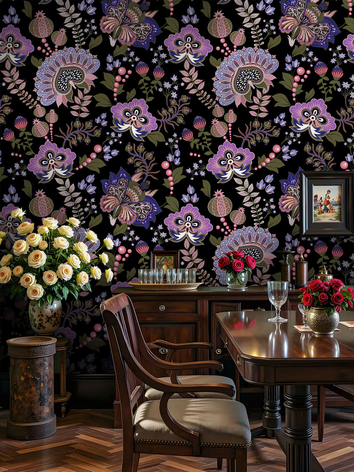 HaokHome boho purple flower peel and stick wallpaper, dark floral wall decor for formal dining space