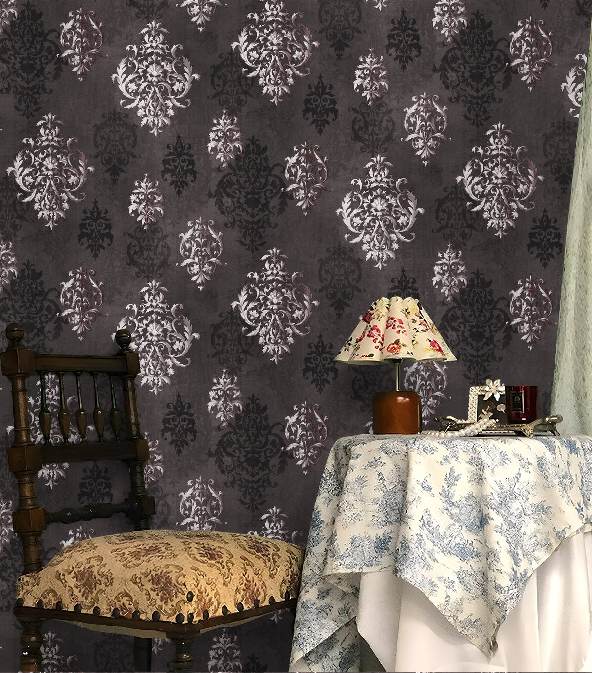 HaokHome charcoal damask removable wallpaper for cottage corner, vintage white ornate pattern dark wall decor