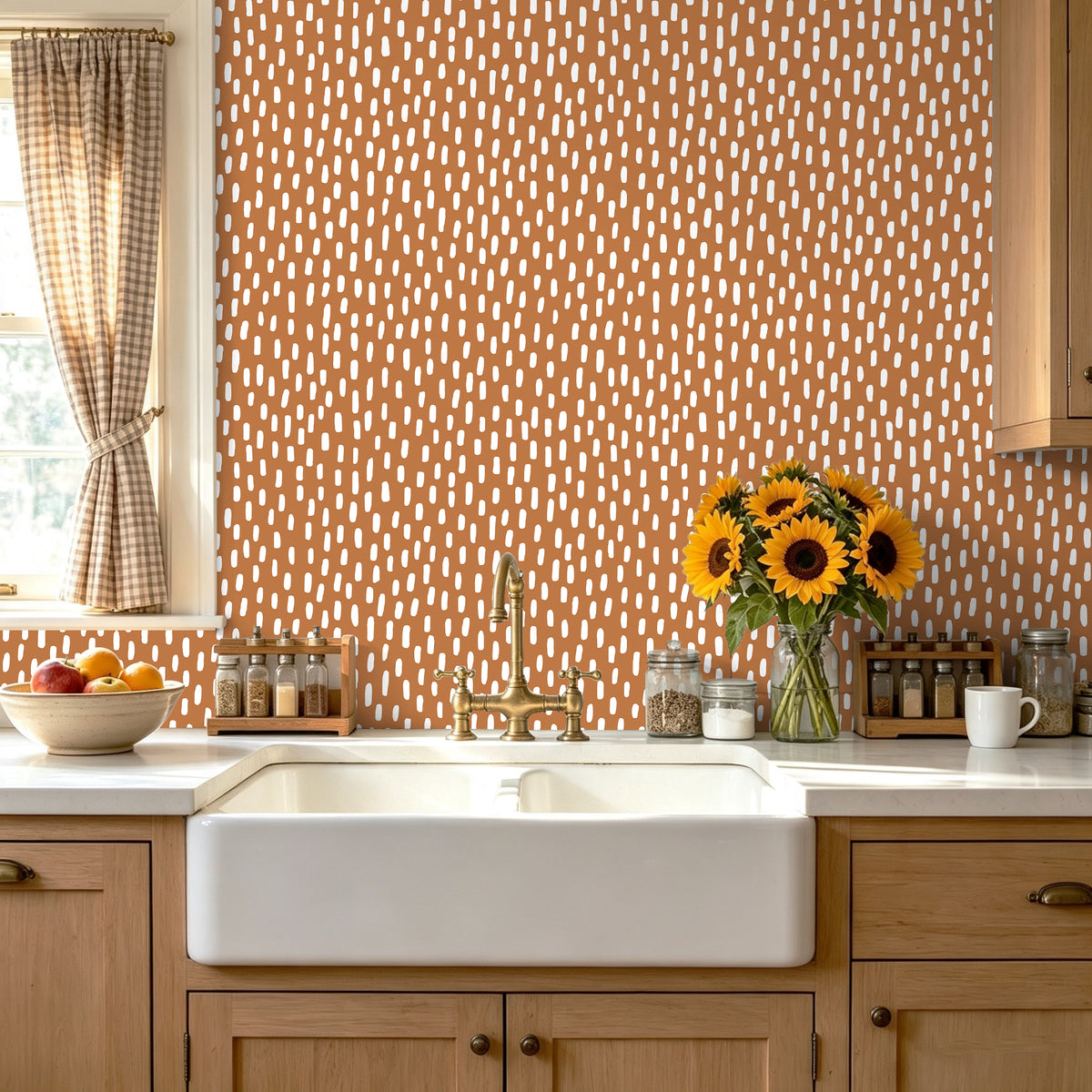 HaokHome clay orange speckle self-adhesive wallpaper, farmhouse kitchen backsplash, warm autumn tone kitchen renovation