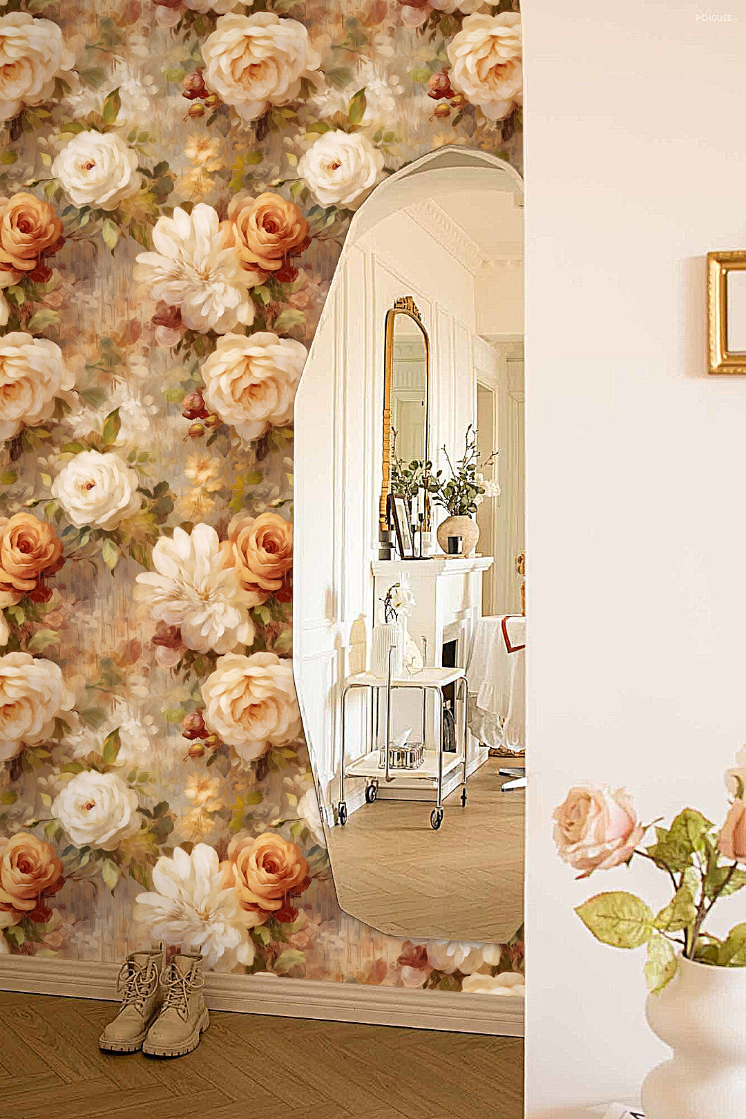 HaokHome cream rose self adhesive wallpaper for hallway feature wall