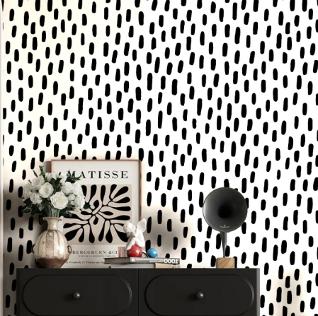 HaokHome dalmatian speckle peel and stick wallpaper, irregular black spots on white background, accent wall with stylish sideboard decor