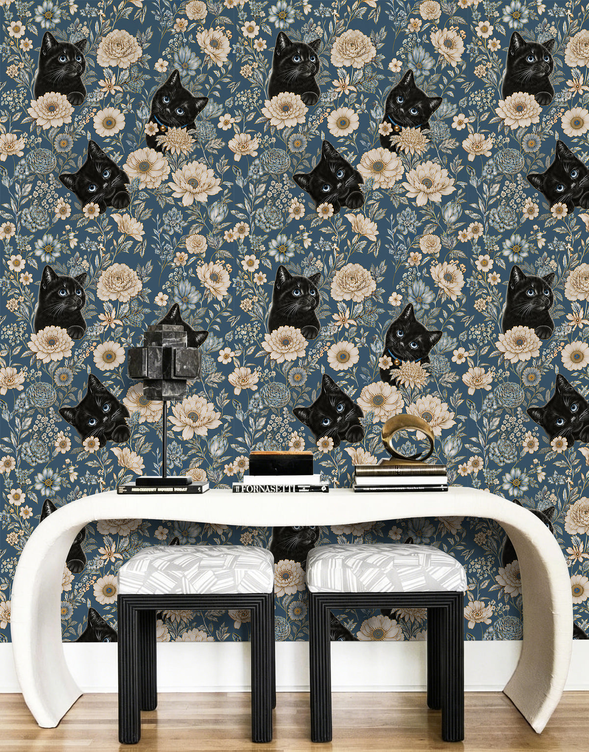 HaokHome dark blue black cat removable wallpaper, console table accent wall scene